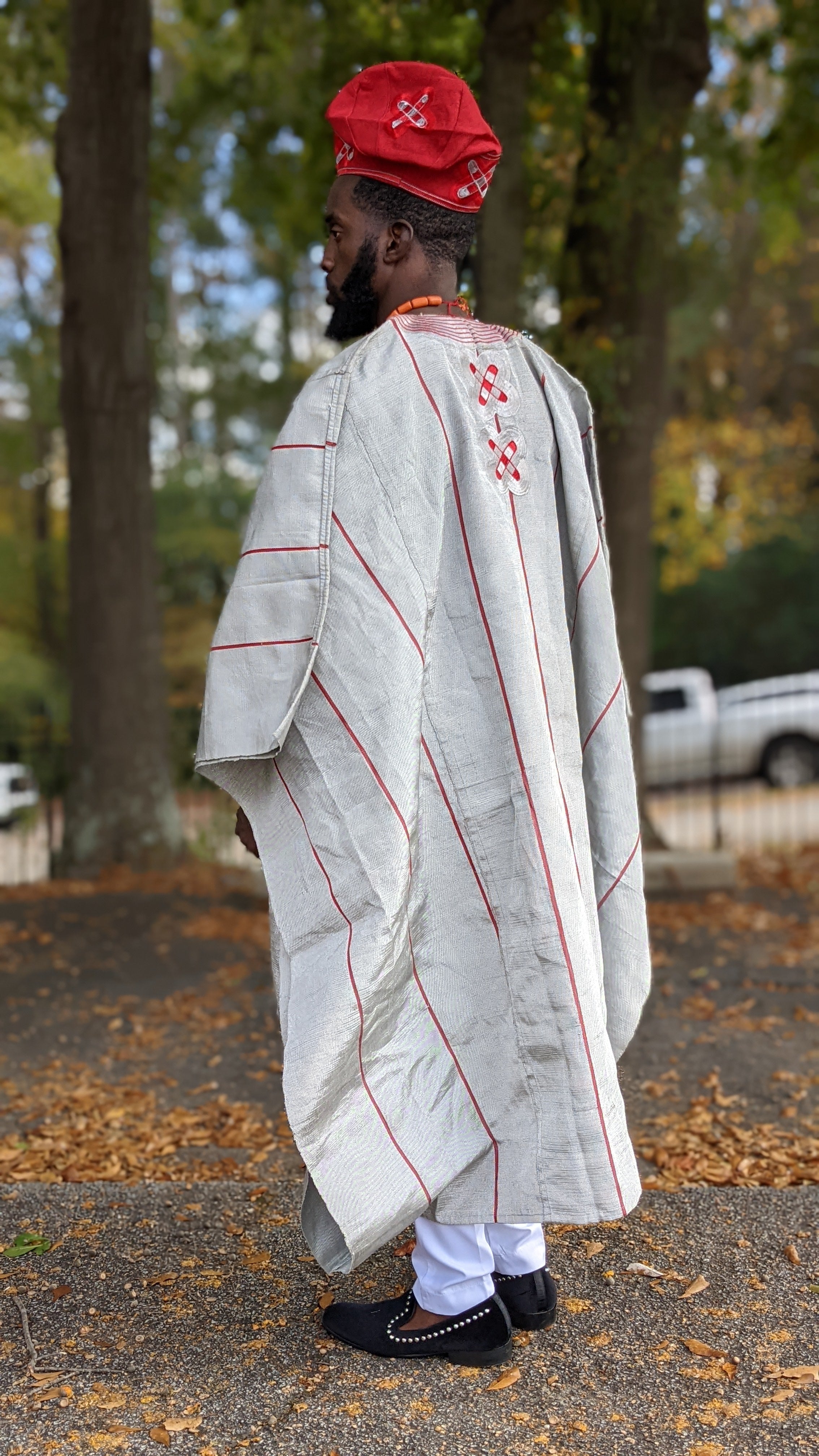 Elegant Grey and Red Aso Oke Grand Boubou African Agbada Robe for Men - Traditional Nigerian Wedding Attire & Special Occasion Outfit DPAGR20