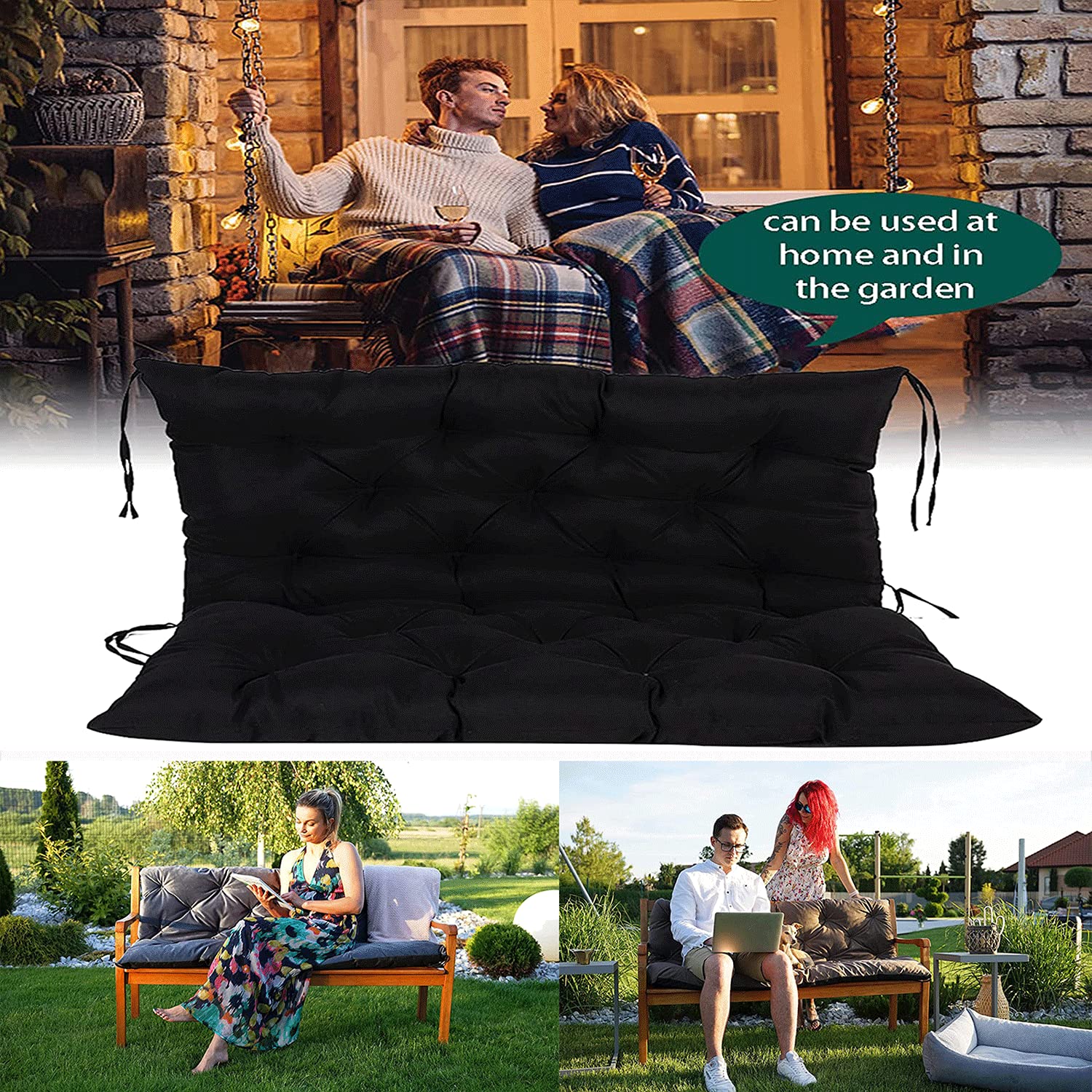 Outdoor/Indoor Bench Cushion with Backrest - 2 or 3 Seater Garden Swing Chair Cushion Set - Thick Comfortable Replacement Seat Pads for Patio Furniture (Black, 59.06x39.37 Inches) - Perfect for Lounging, Relaxing in Backyard or Sunroom