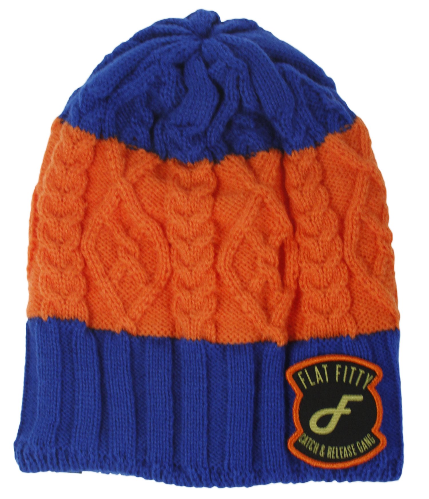 Catch & Release Gang Patched Stripe Skully Beanie Cap - One Size Fits All, Blue & Orange - Perfect for Winter Sports, Outdoor Activities & Streetwear Fashion