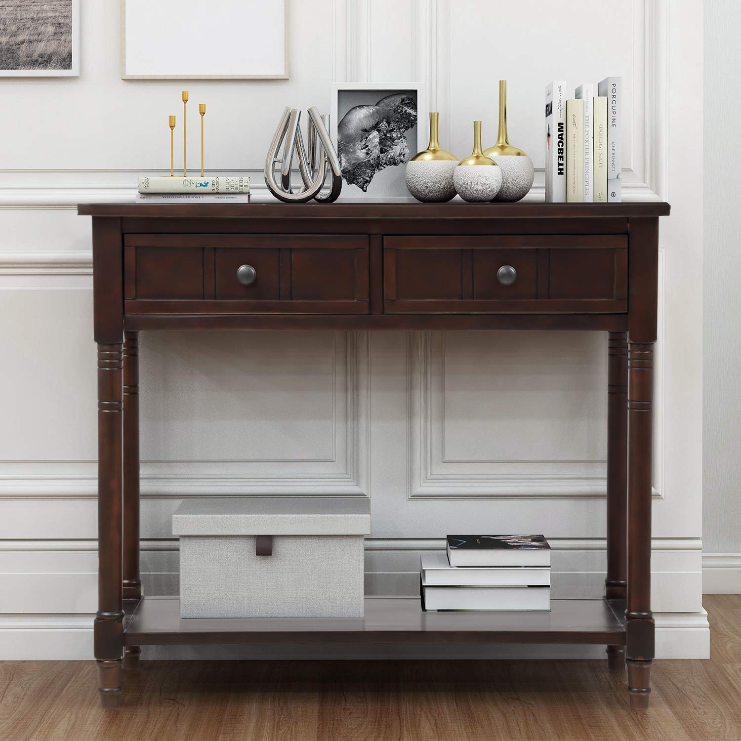 Vintage Solid Wood Console Table with 2 Storage Drawers & Open Shelf - Entryway, Hallway & Living Room Sideboard - Espresso Finish (35.43