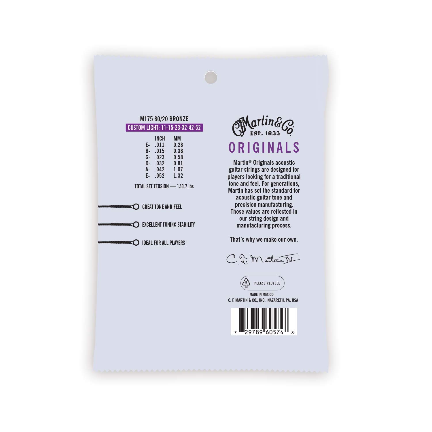 Martin Guitar Original Acoustic M175 Strings - 80/20 Bronze Custom Light-Gauge Acoustic Guitar Strings for Warm Tone & Playability | Perfect for Folk, Blues & Fingerstyle Playing