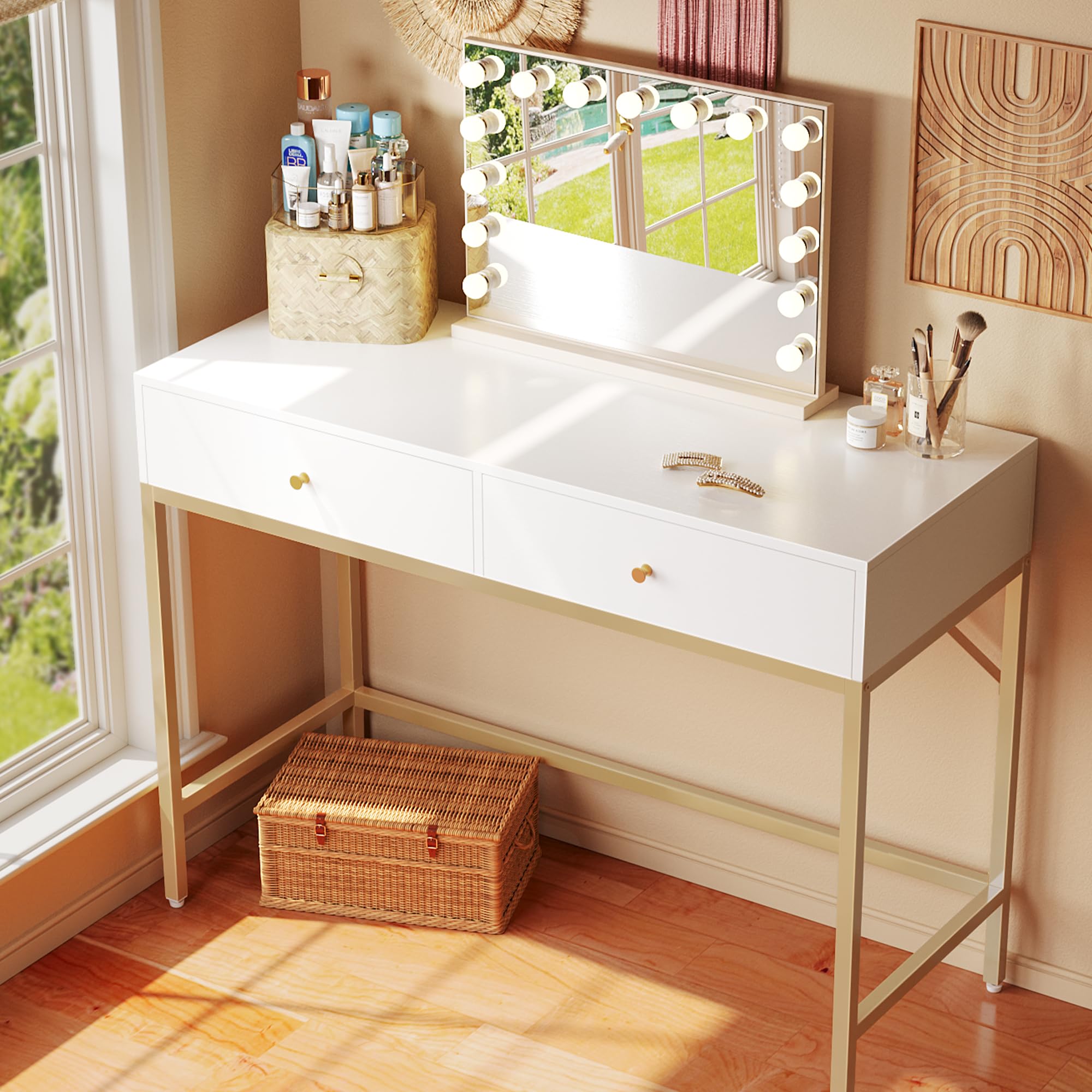 SUPERJARE 39.4 Inch White and Gold Modern Vanity Desk with 2 Drawers - Small Computer Desk for Home Office, Writing, Study | Perfect for Bedroom, Makeup Station & Workspace