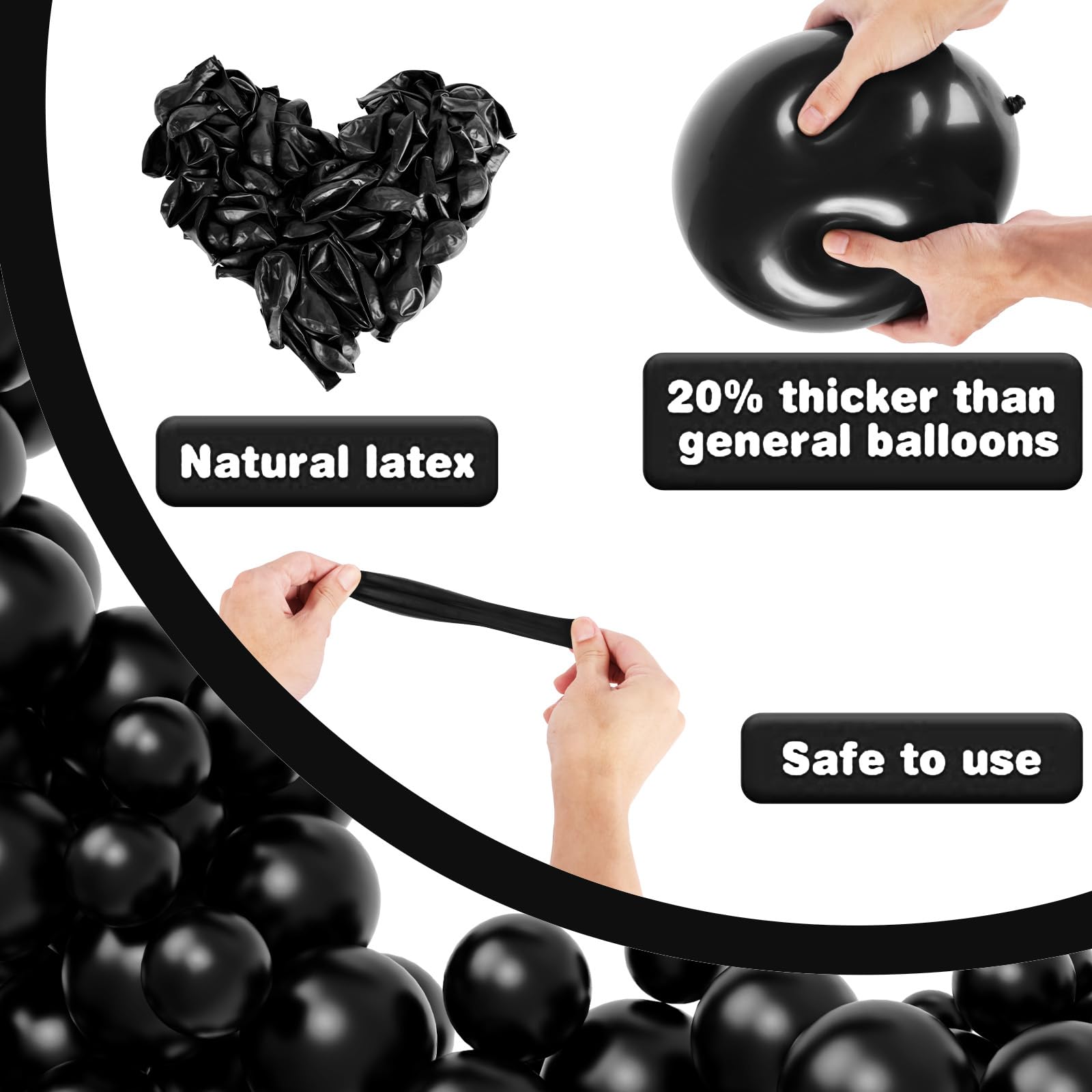 100PCS 12 Inch Black Latex Balloons for Party Decorations - Valentine's Day, Birthday, Wedding, Anniversary, Baby Shower & Halloween - Includes Black Ribbons for Balloon Arches and Ceiling Displays