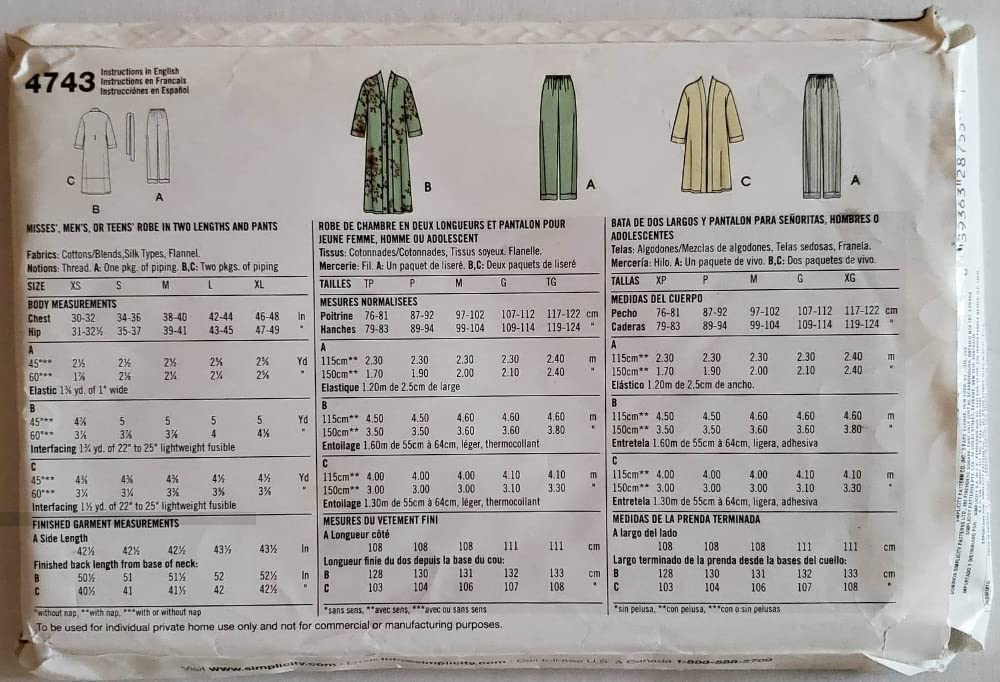 Simplicity 4743 Women's & Men's Robe and Pajama Pants Set - Comfortable Loungewear for Teens & Adults (XS-XL) | Perfect for Relaxing at Home, Spa Days & Gift Giving