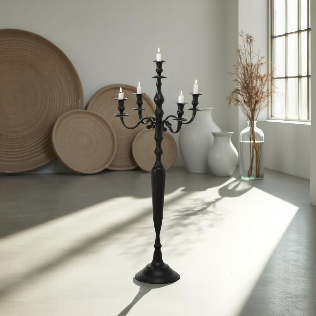 Handcrafted Rustic Black Cast Aluminum Nickel Candelabra - 41.25 Inch Tall Centerpiece for Dining Table, Wedding Decor & Farmhouse Style Home | Hamptons Five Candle Holder