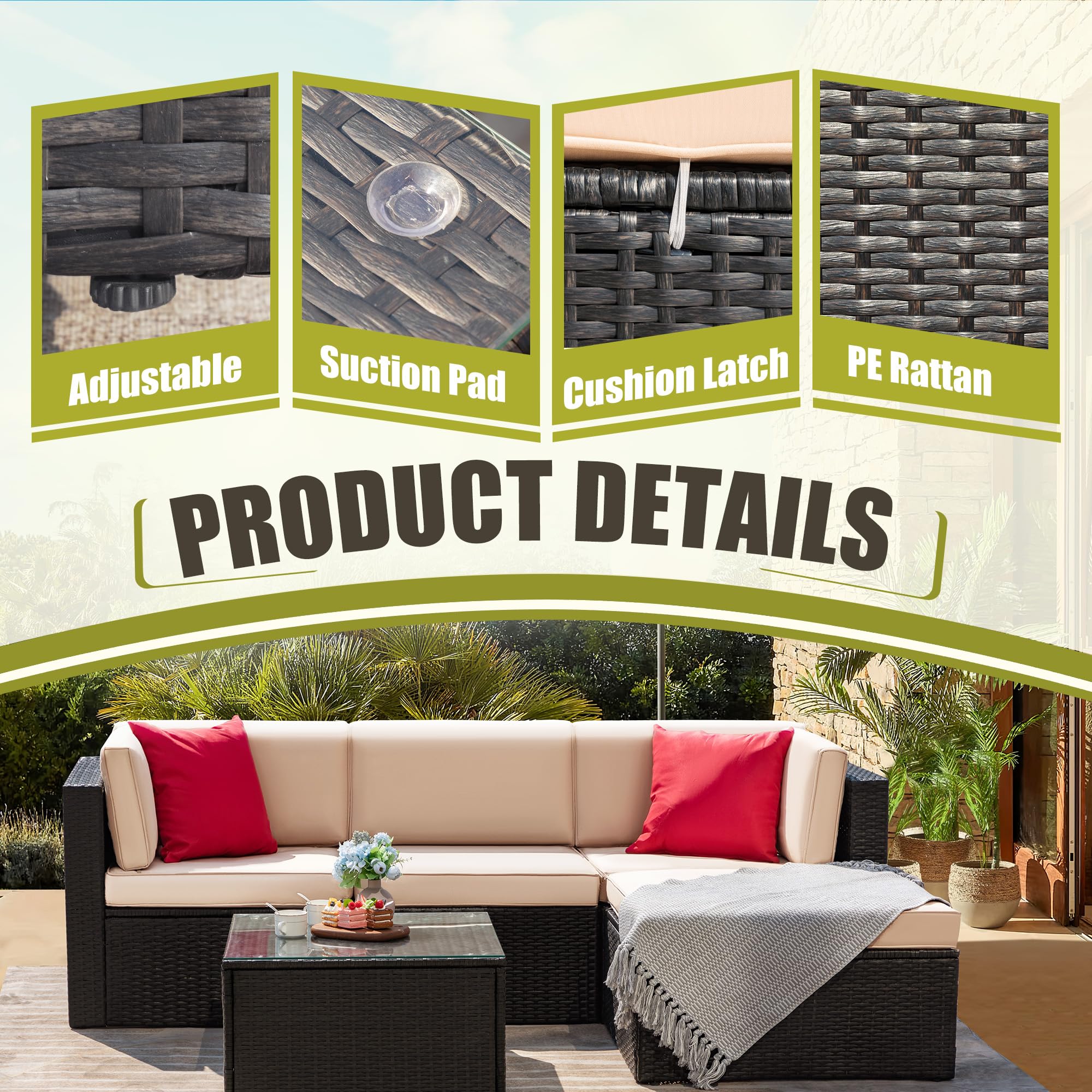 Greesum 5-Piece Outdoor Patio Furniture Set - Wicker Rattan Sofa with Cushions, Pillows & Glass Coffee Table - Beige Conversation Set for Porch, Lawn, Garden, Backyard and Poolside Relaxation
