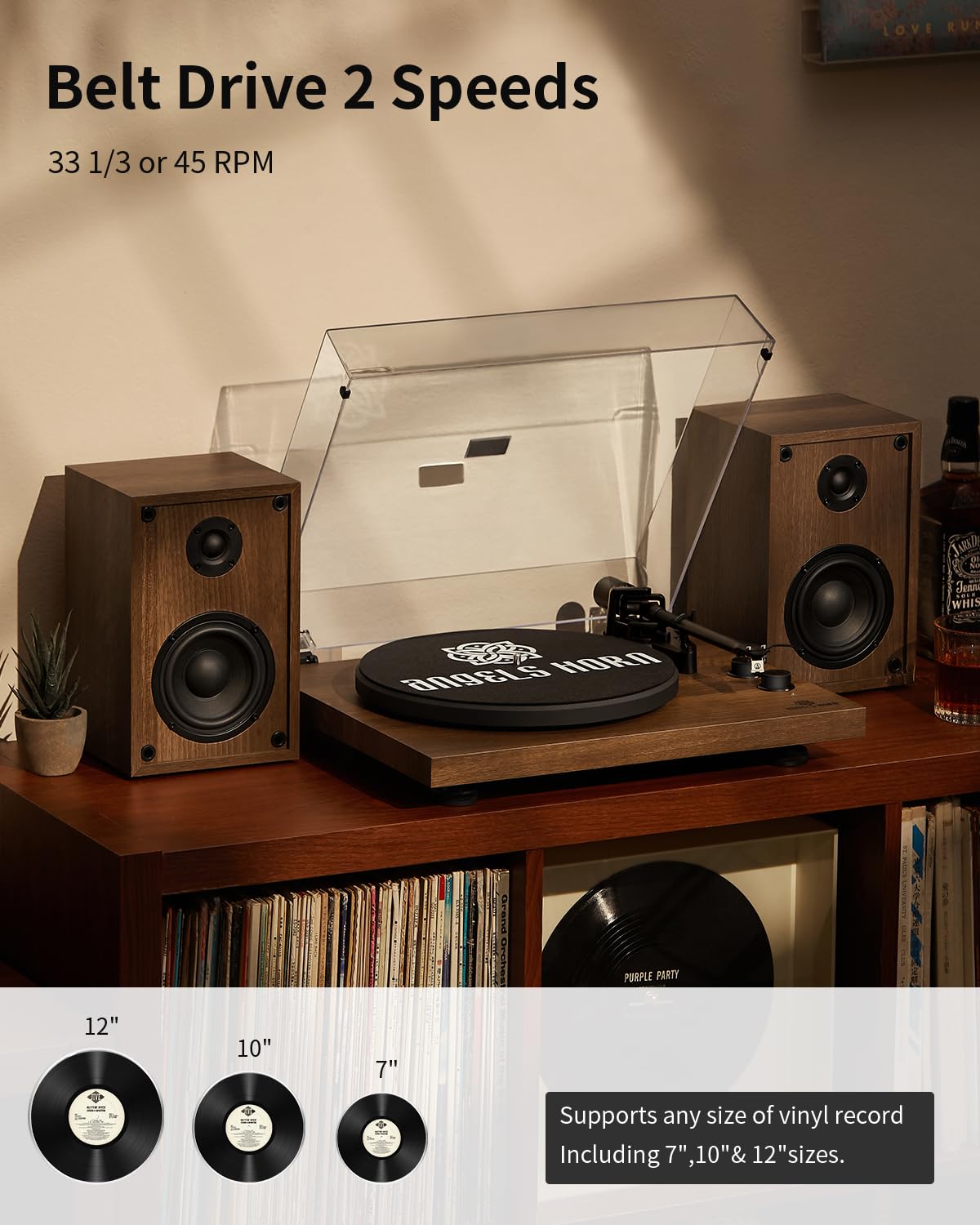 ANGELS HORN Vinyl Record Player with Hi-Fi Bluetooth Turntable, Stereo Bookshelf Speakers, Built-in Phono Preamp, Belt Drive 2-Speed, Adjustable Counterweight, AT-3600L - Perfect for Home Entertainment and Music Enthusiasts