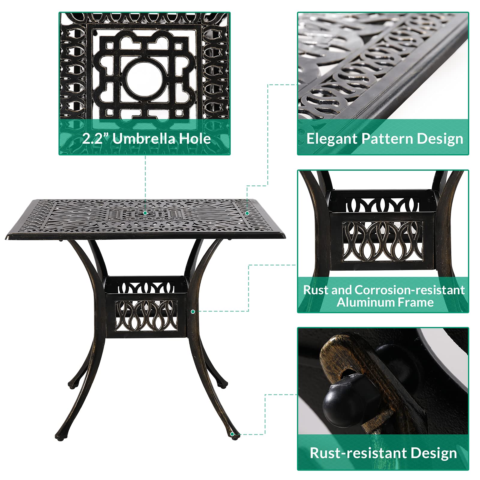 VIVIJASON 5-Piece Outdoor Patio Dining Set - All-Weather Cast Aluminum Conversation Set for Deck, Lawn & Garden - Includes 4 Swivel Chairs & 35.4