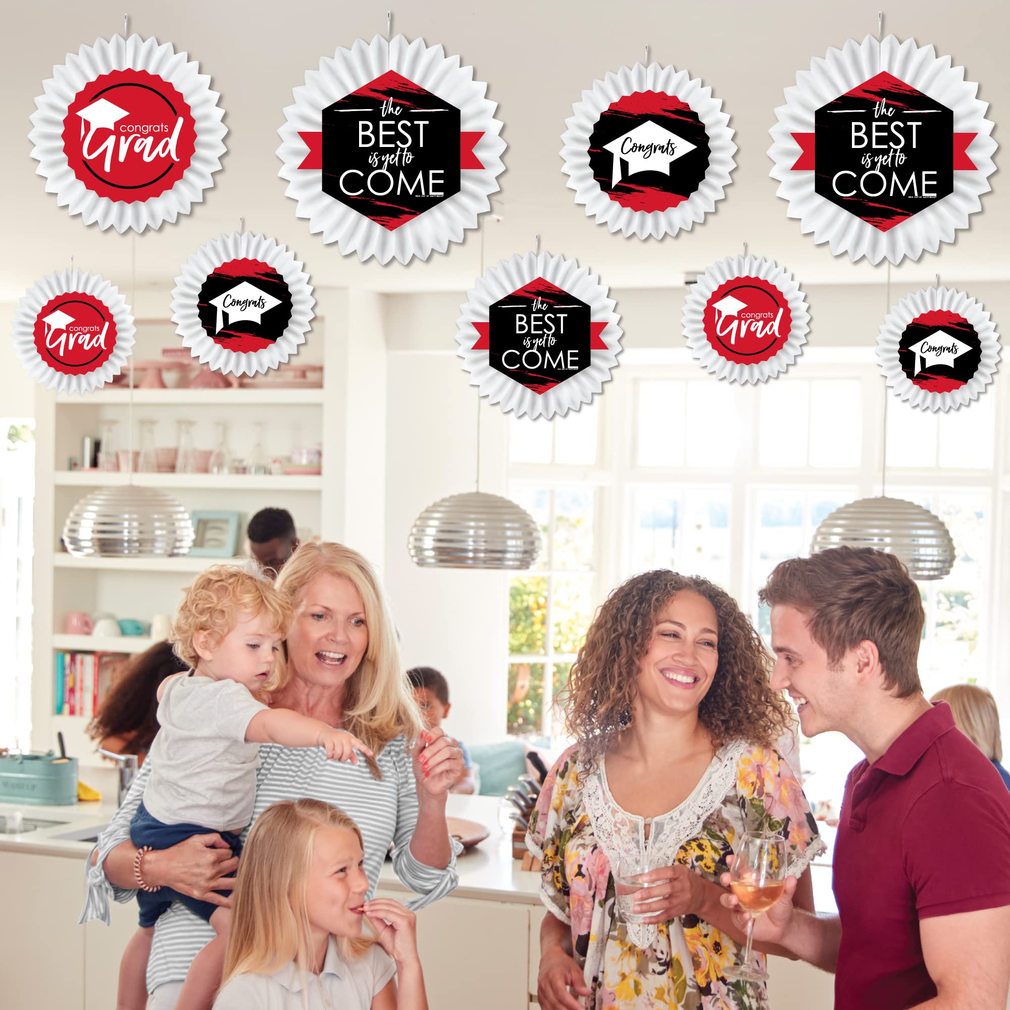 Big Dot of Happiness Red Graduation Party Decorations - 'Best is Yet to Come' Hanging Tissue Paper Fans Kit - Set of 9 for Graduation Ceremony, Party Backdrop & Photo Booth Decor