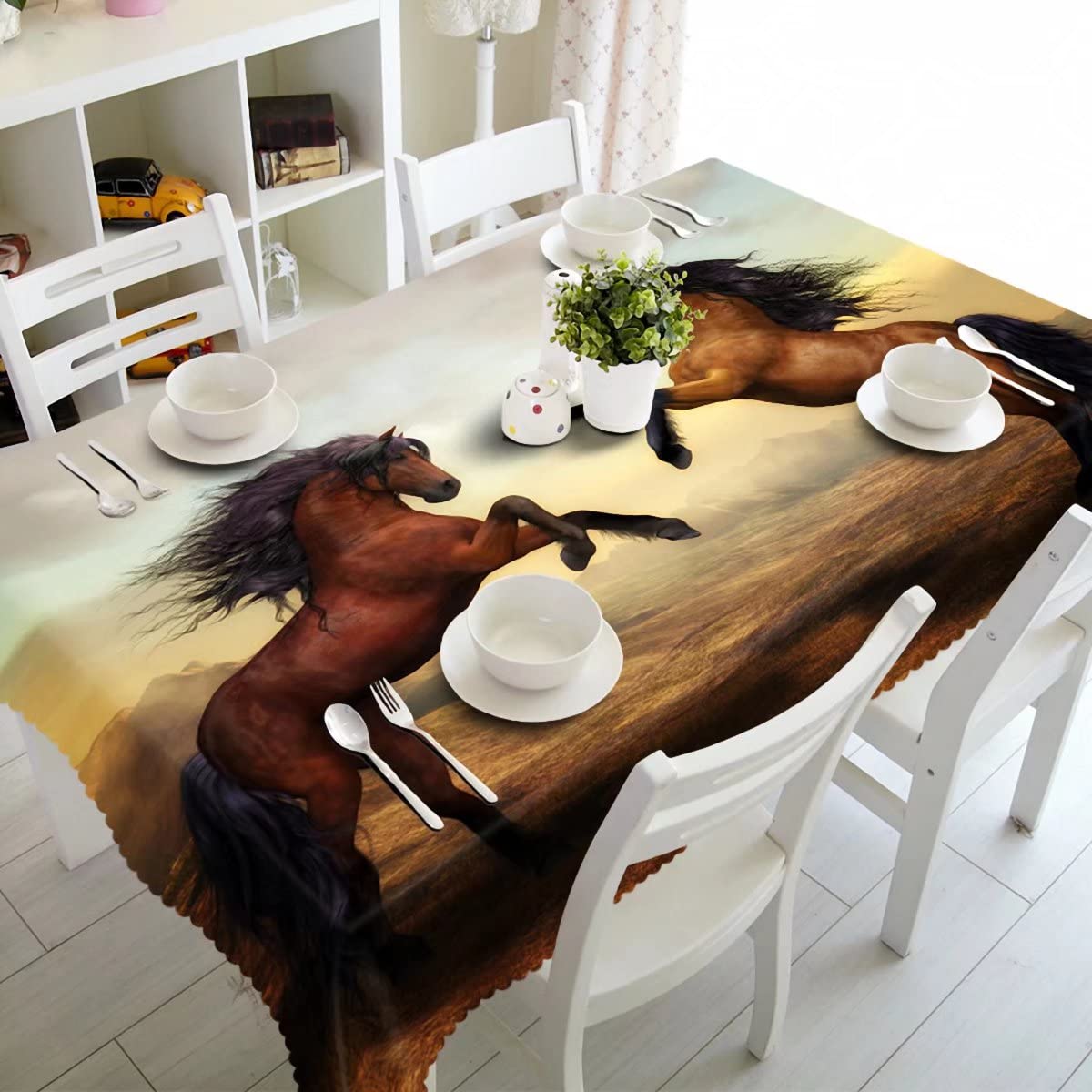 ATOLY 24x24 Inch Square Table Cover - Wipe Clean Polyester Tablecloth, Oil-Proof, Brown Horses Design - Perfect for Dining Tables, Kitchen Countertops, and Outdoor Picnics