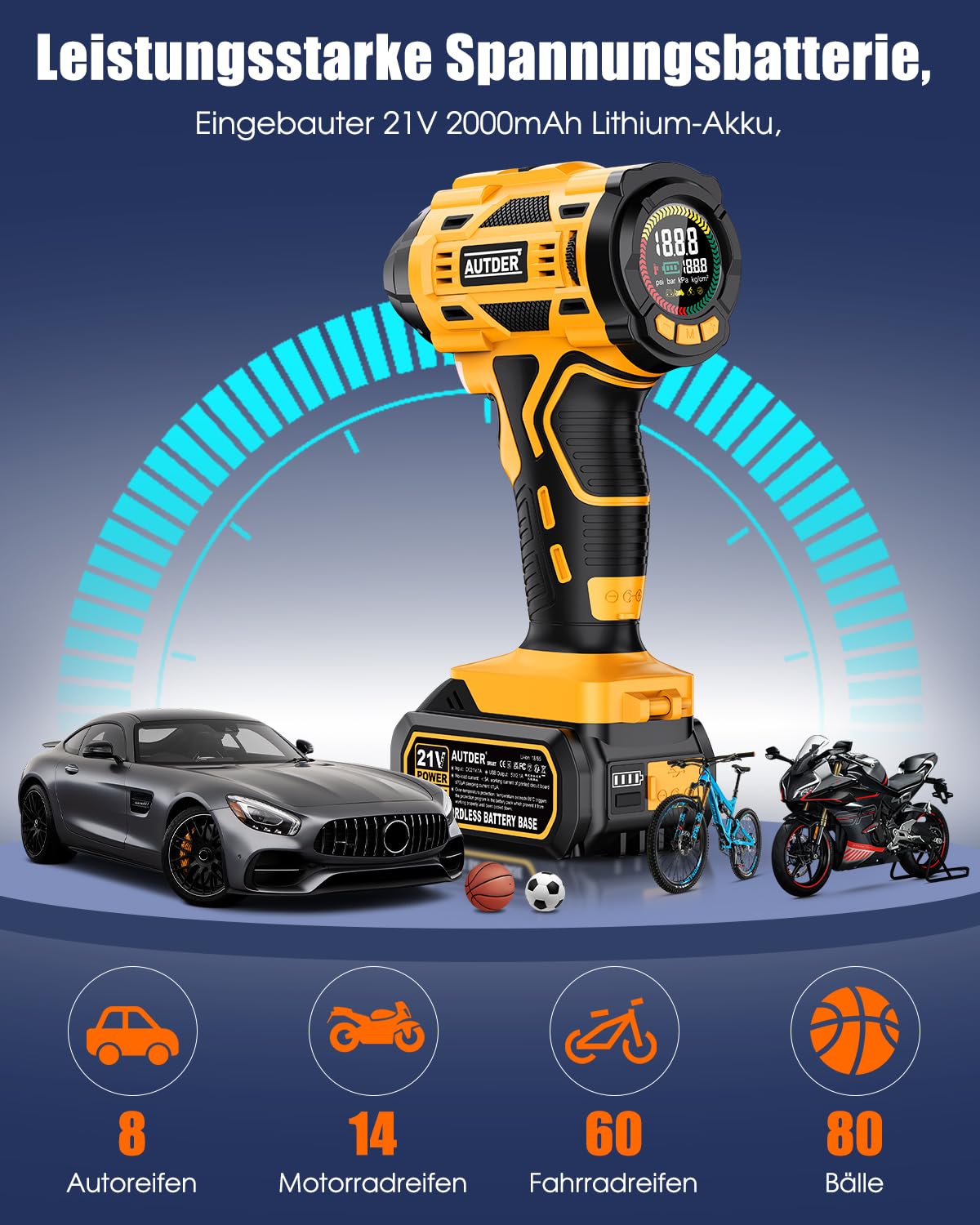 AUTDER Portable Air Compressor, Cordless Tire Inflator 180 PSI with Dual Power Source, 21V Battery/12V DC, Digital Pressure Gauge, Auto Shut-Off - Perfect for Cars, SUVs, Bikes & Inflatables On The Go (Yellow-Black)
