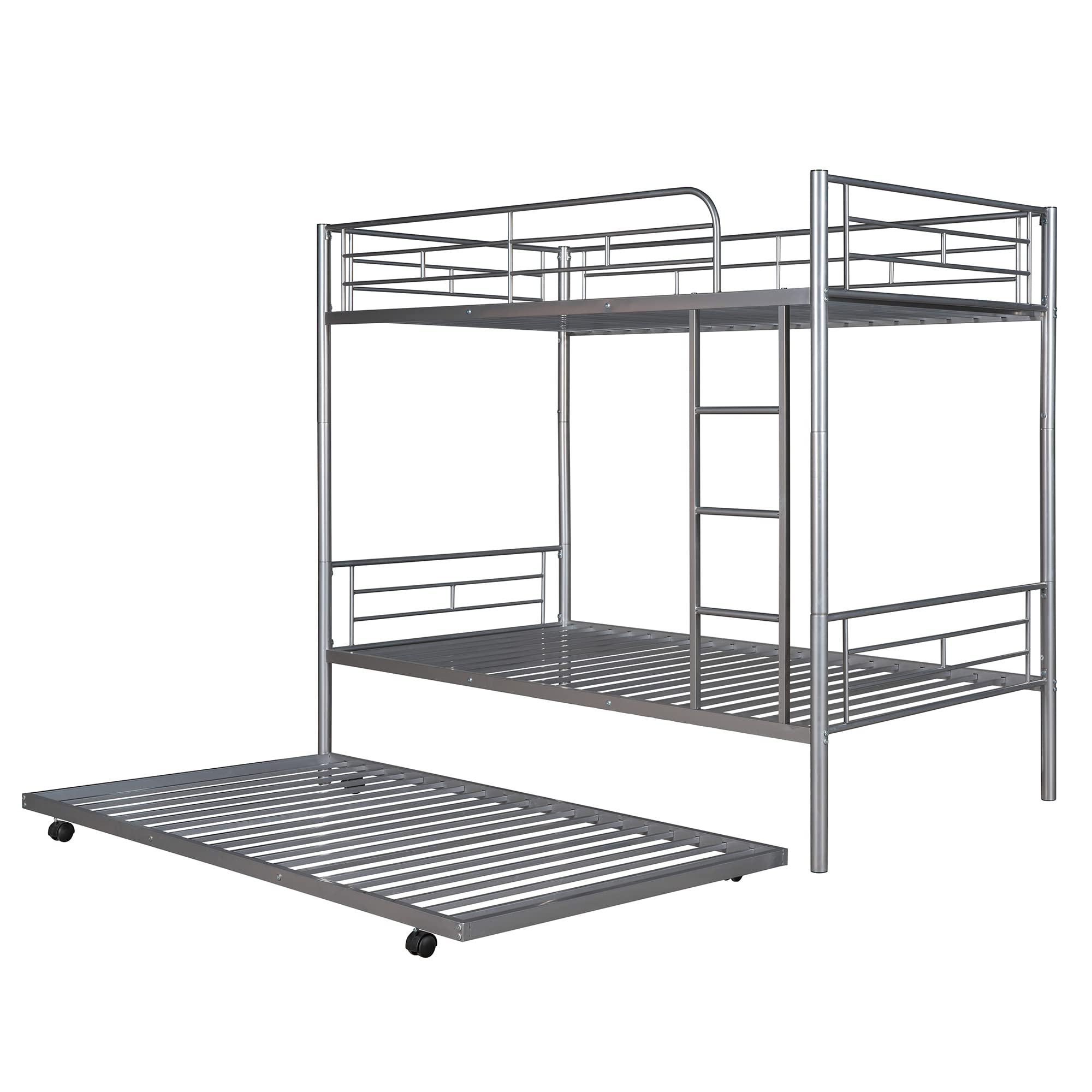 P PURLOVE Twin Over Twin Metal Bunk Bed with Trundle - Convertible to 2 Separate Beds - Space-Saving Design with Ladder - No Box Spring Required - Silver Finish - Perfect for Kids' Rooms, Guest Rooms & Small Spaces