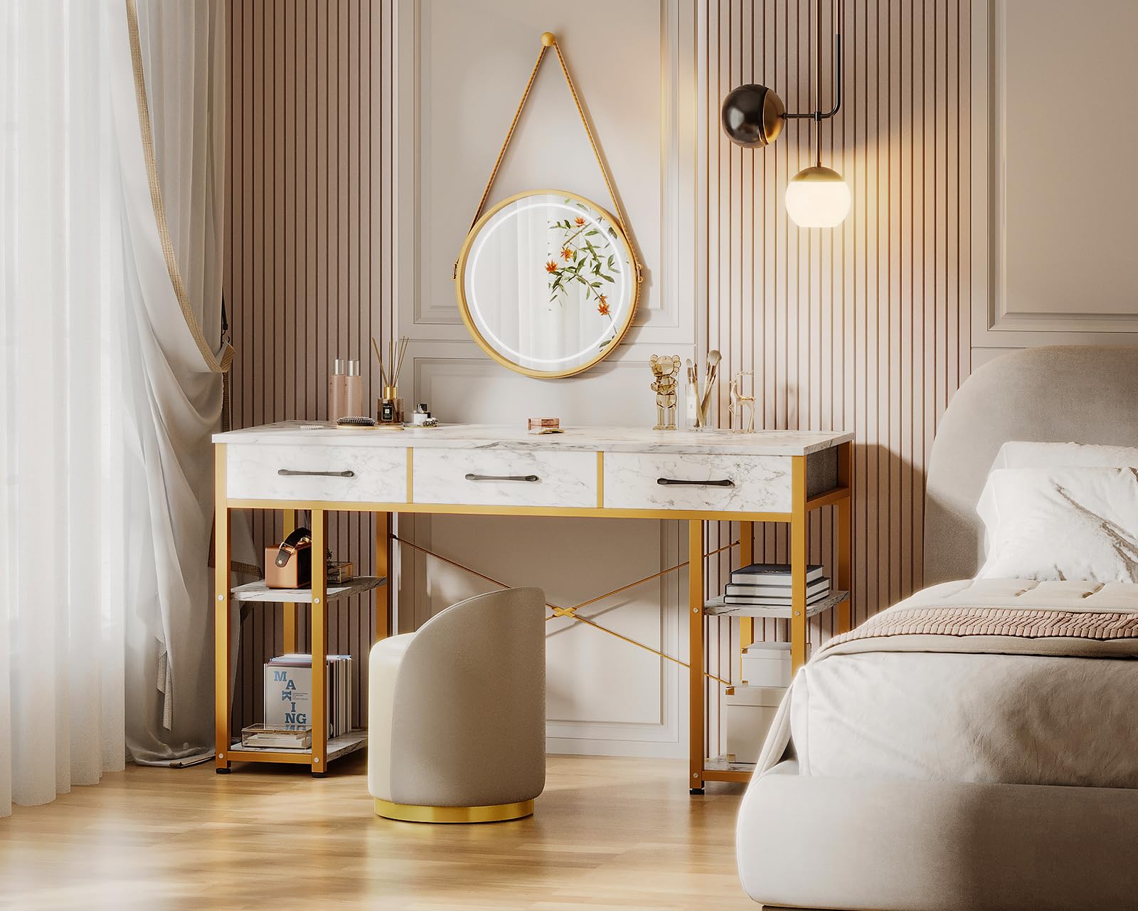 ODK White and Gold Vanity Desk with 3 Fabric Drawers & Storage Shelves, 48
