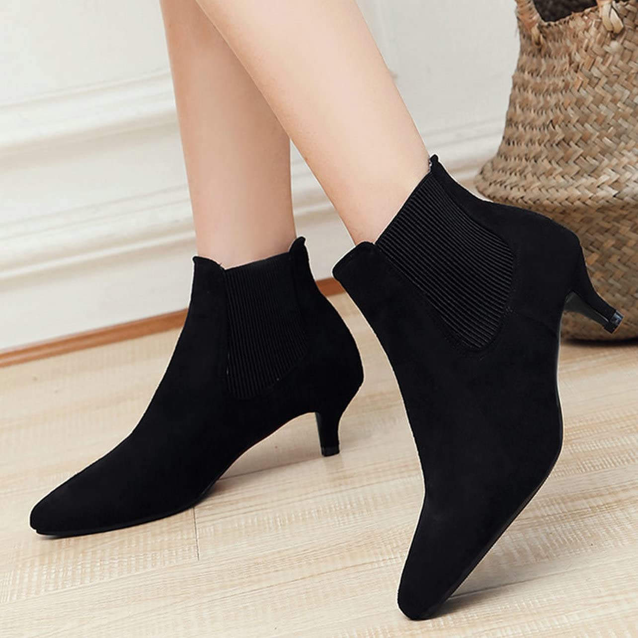 UniqueStride Women's Low Kitten Heel Ankle Boots - Pointed Toe Slip On Chelsea Booties for Work, Office & Casual Outfits | Comfortable & Stylish Fall/Winter Fashion Shoes