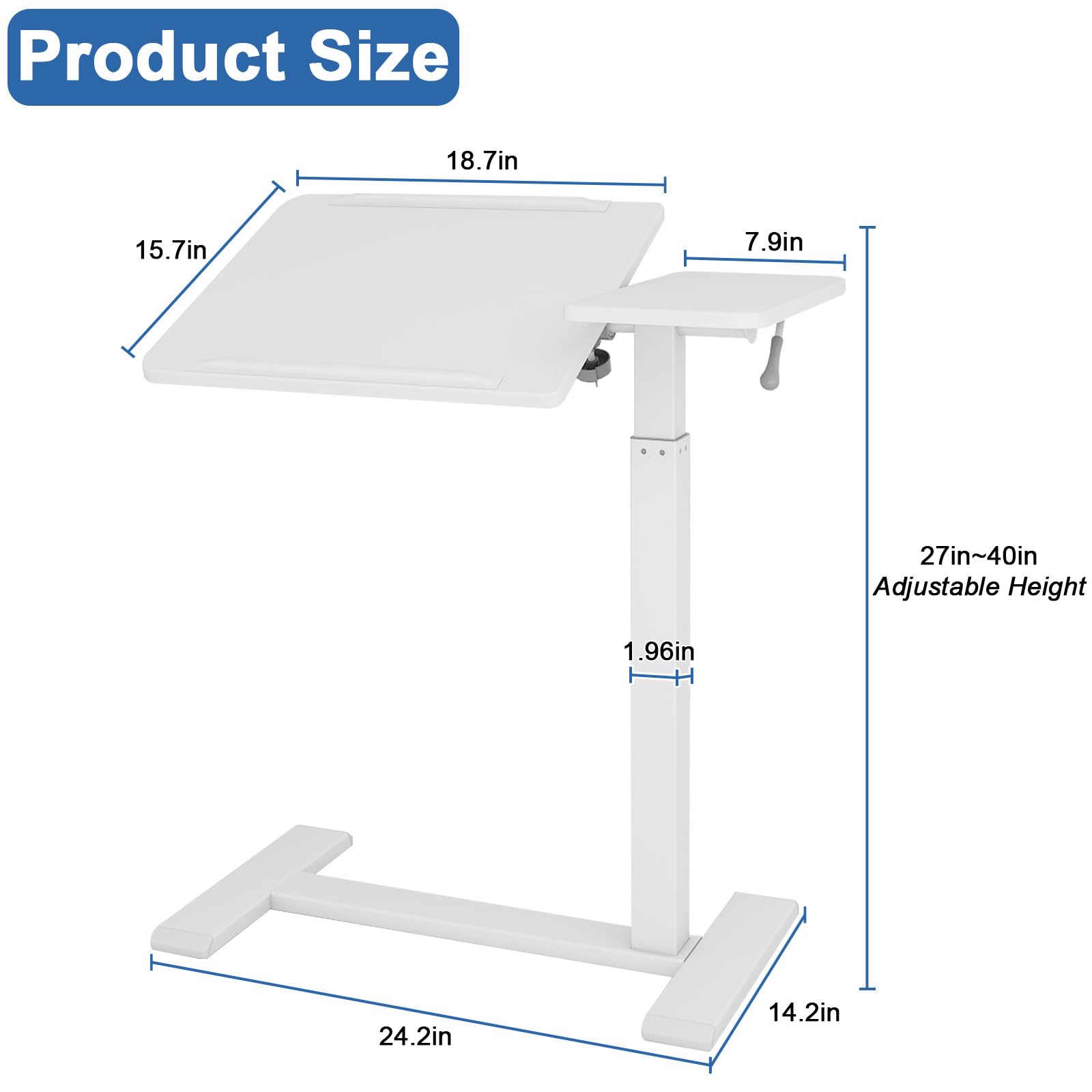 PUNCIA Adjustable Pneumatic Overbed Table with Wheels - Split Top Tilting Bedside Table with Tray - Rolling Laptop Computer Standing Desk Cart (Height 27