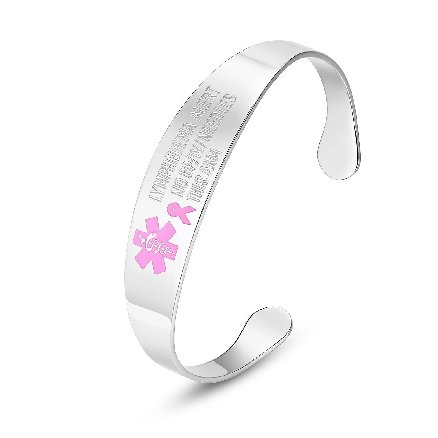 mnmoom Stainless Steel Medical ID Bracelet for Women - Pink Ribbon Lymphedema Alert Bangle (No BP, No Needles) | Ideal for Health Awareness & Emergency Medical Identification