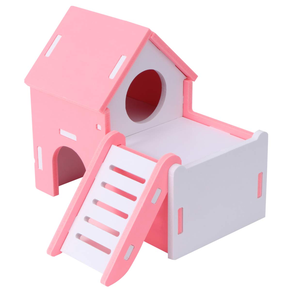 POPETPOP Wooden Hamster House & Hideout - Double-Deck Ladder Villa for Gerbils, Small Pets - Cozy Sleeping & Hiding Habitat for Hamsters, Mice, Dwarf Rabbits - Perfect for Cage Decoration & Pet Playtime