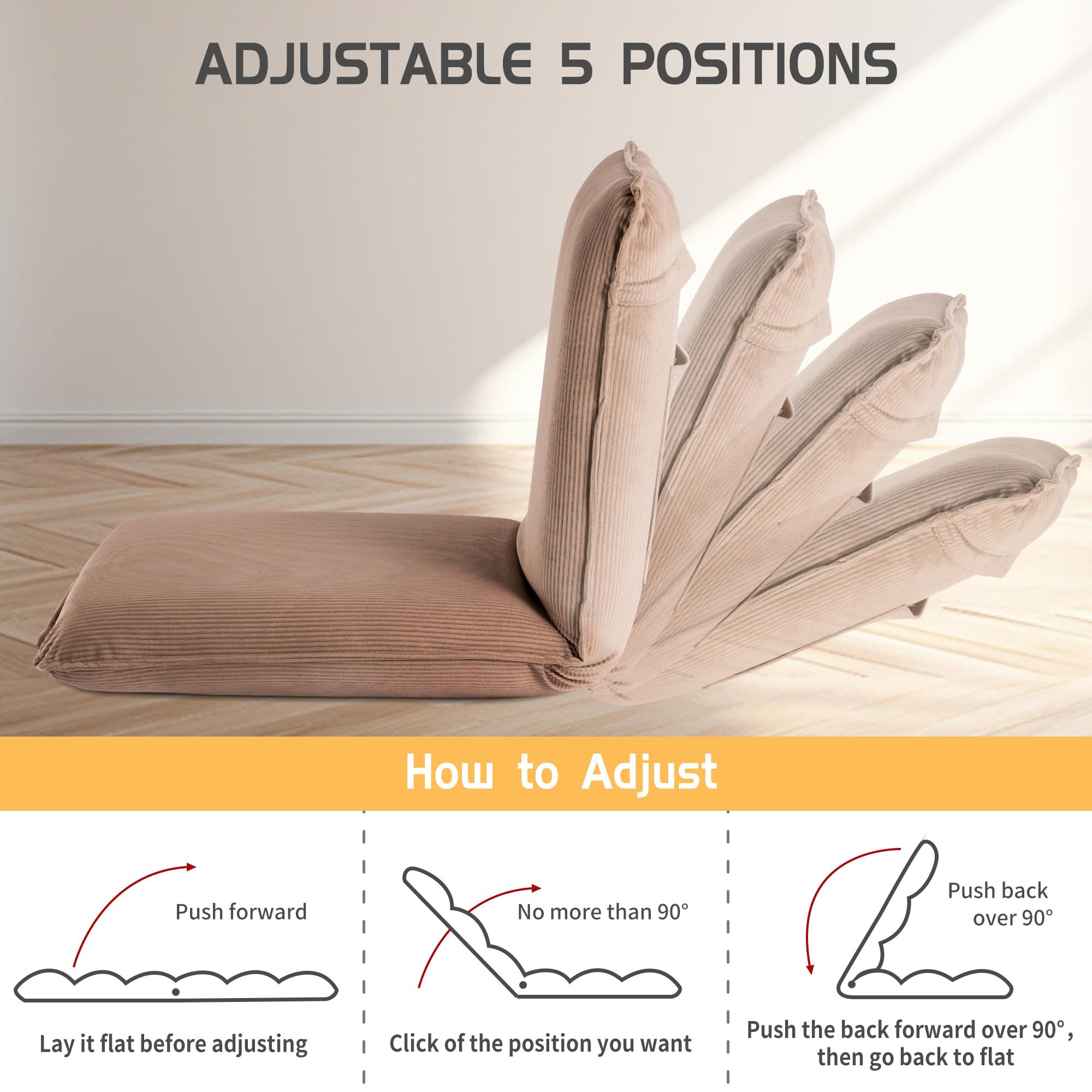 Sundale Adjustable Folding Floor Chair - 5-Position Padded Gaming & Meditation Chair with Back Support, Indoor Chaise Lounge for Adults (Tan) - Perfect for Bedroom Relaxation, Gaming Sessions & Yoga Practice