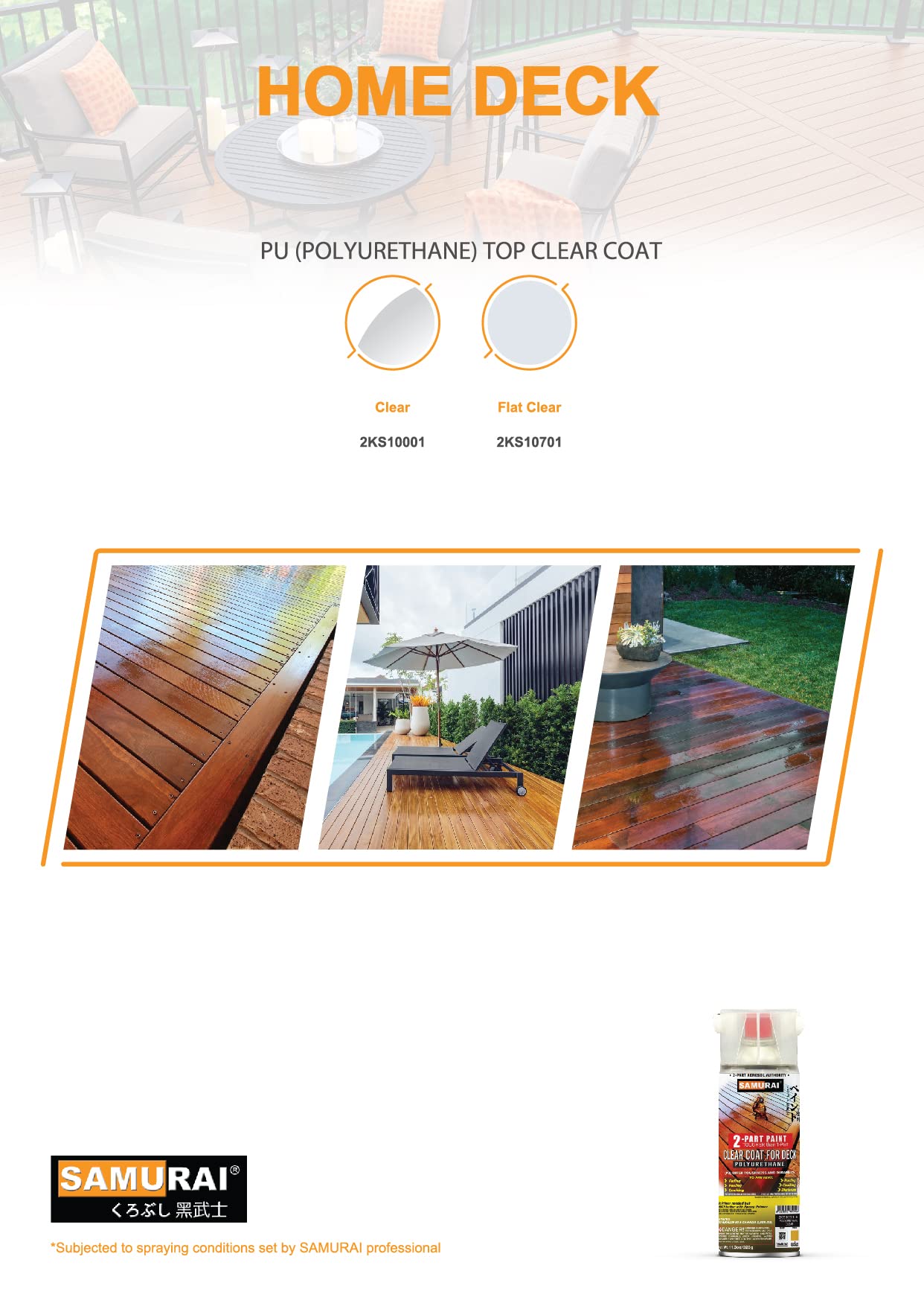 Premium SAMURAI 2-Part Polyurethane Deck Clear Coat Spray Paint - Clear Finish, 6-Pack (12oz Cans) | Weatherproof Protection for Wood Decks, Patio Furniture & Outdoor Surfaces