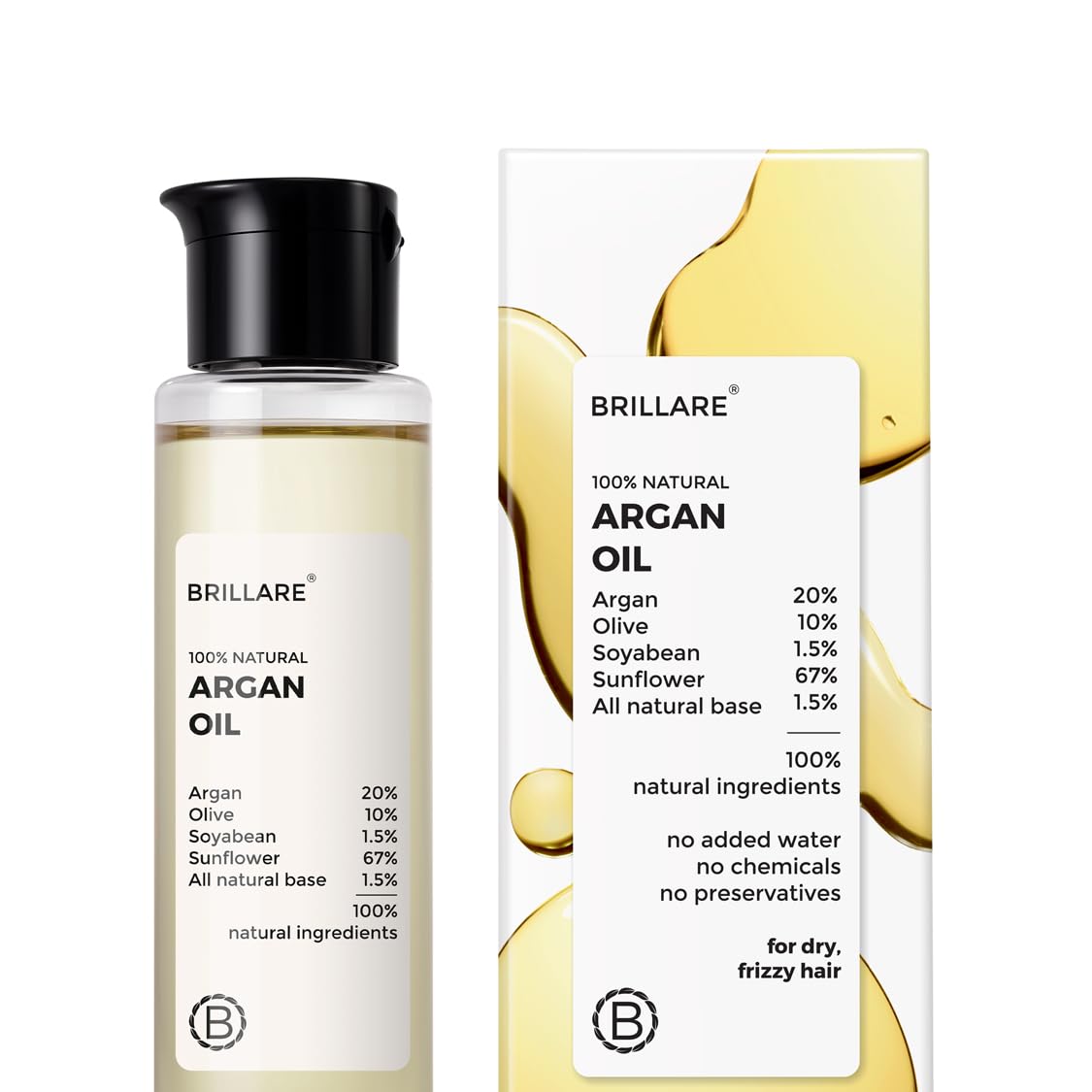 Brillare 100% Pure Argan Hair Oil with Olive & Sunflower Oils - Natural Treatment for Dry, Frizzy Hair - 100ml Bottle - Perfect for Daily Hydration, Split Ends Repair & Hair Shine Enhancement