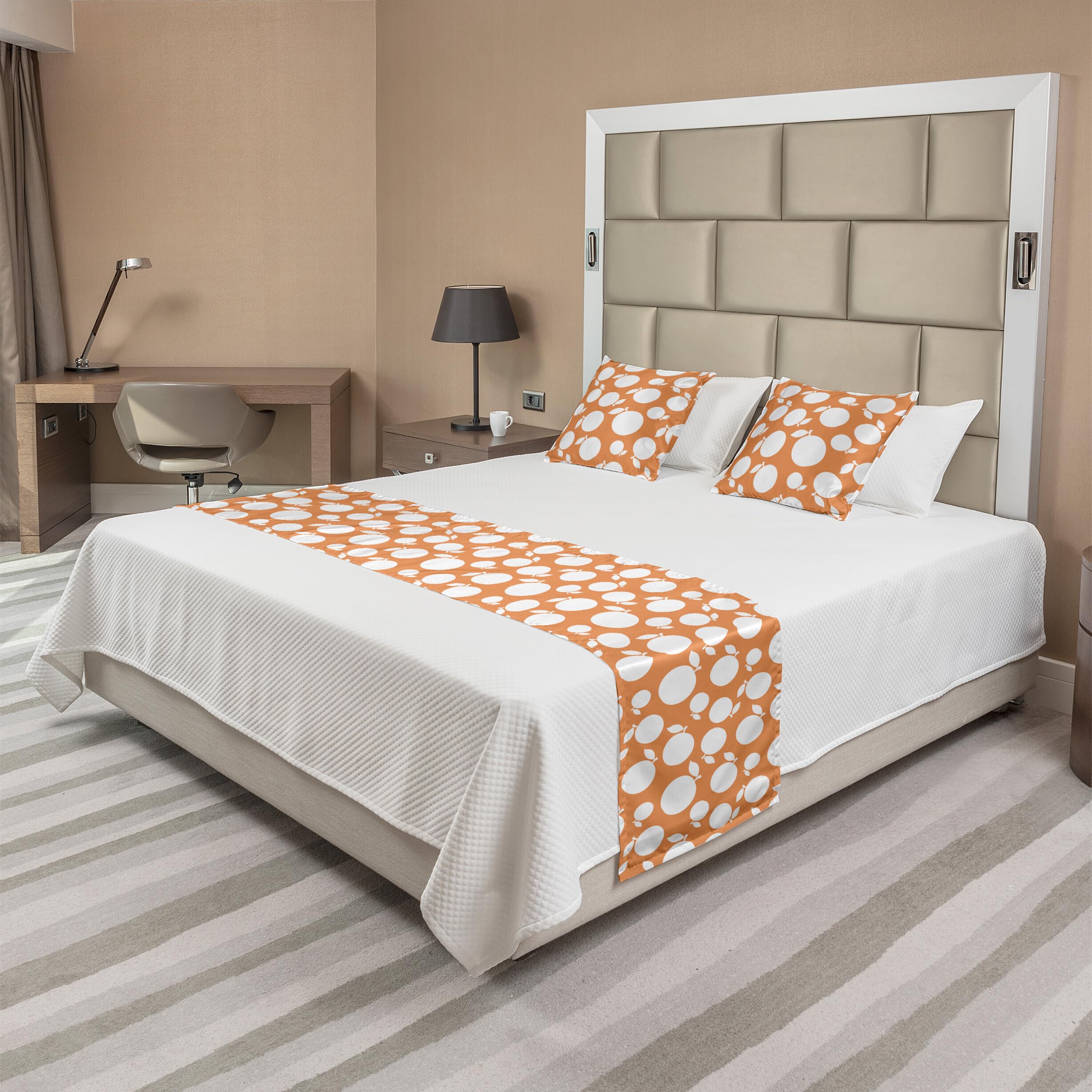 Ambesonne Peach Bed Runner Set with Silhouette Peaches Design - Decorative Bed Scarf & 2 Pillow Shams for Queen Beds in Pale Orange & White | Perfect for Hotels, Bed & Breakfasts, and Home Decor