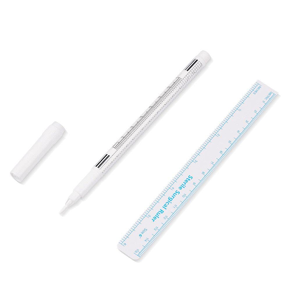 White Surgical Tattoo Eyebrow Skin Marker Pen - Waterproof Single Tip Body Positioning Pen with Paper Ruler | Perfect for Eyebrow Microblading, Permanent Makeup & Tattoo Outlining