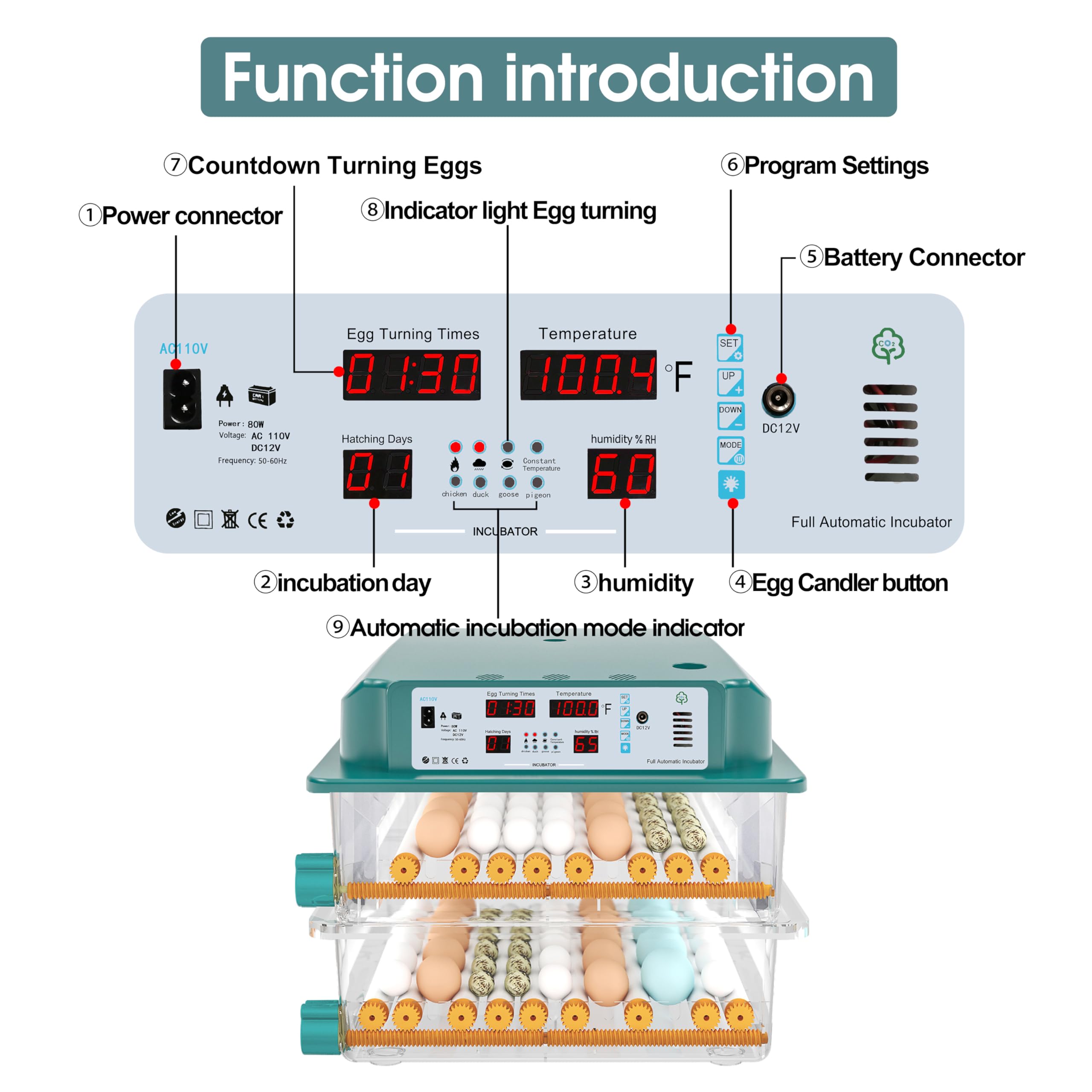 Automatic Egg Incubator for Chicken, Duck & Quail Eggs - 120 Egg Capacity with Auto Turning, Humidity Control & Built-in Candler | Perfect for Poultry Farming, Hatching Projects & Homesteading