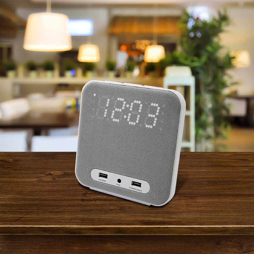 HANNLOMAX HX-145CR Digital Alarm Clock Radio with Dual Alarm, FM Radio, USB Charging Ports (2.4A & 1A), Aux Input - Perfect for Bedroom, Office, and Travel (Grey)