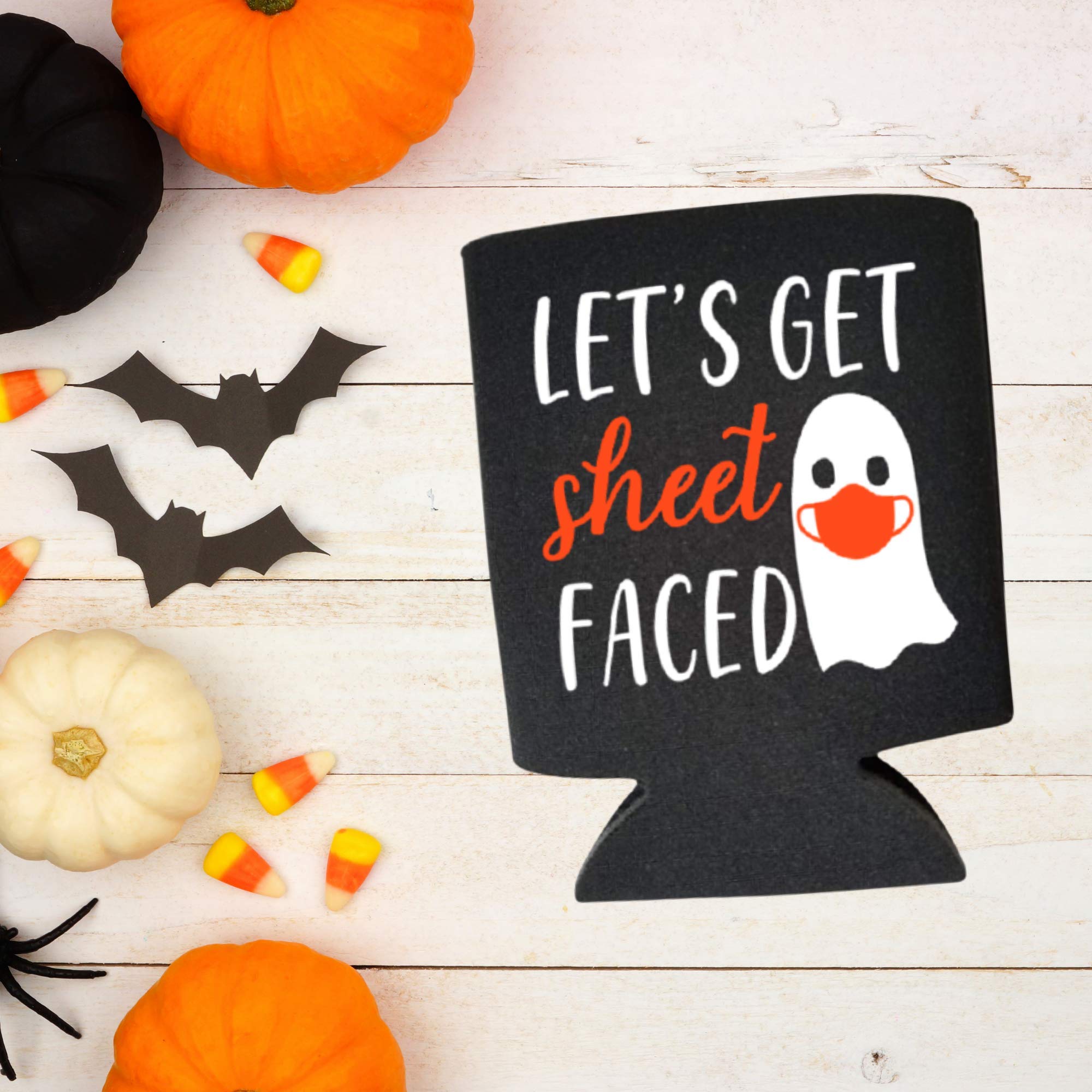 Funny Halloween Can Cooler - 'Let's Get Sheetfaced' Ghost Design - Insulated Beer Bottle Holder for Halloween Parties, Trick or Treating & Spooky Gatherings