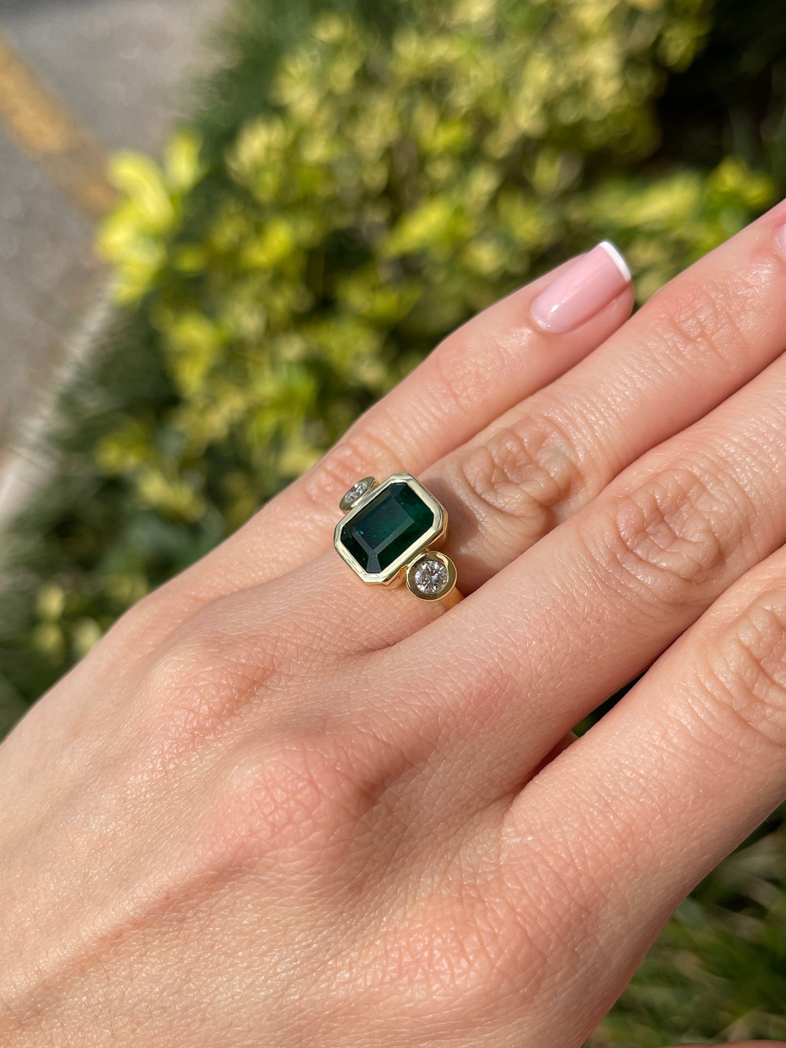 4.58tcw Natural Dark Emerald & Round Diamond Three Stone Ring in 18K Gold - Elegant Engagement, Anniversary or Gift Jewelry for Women