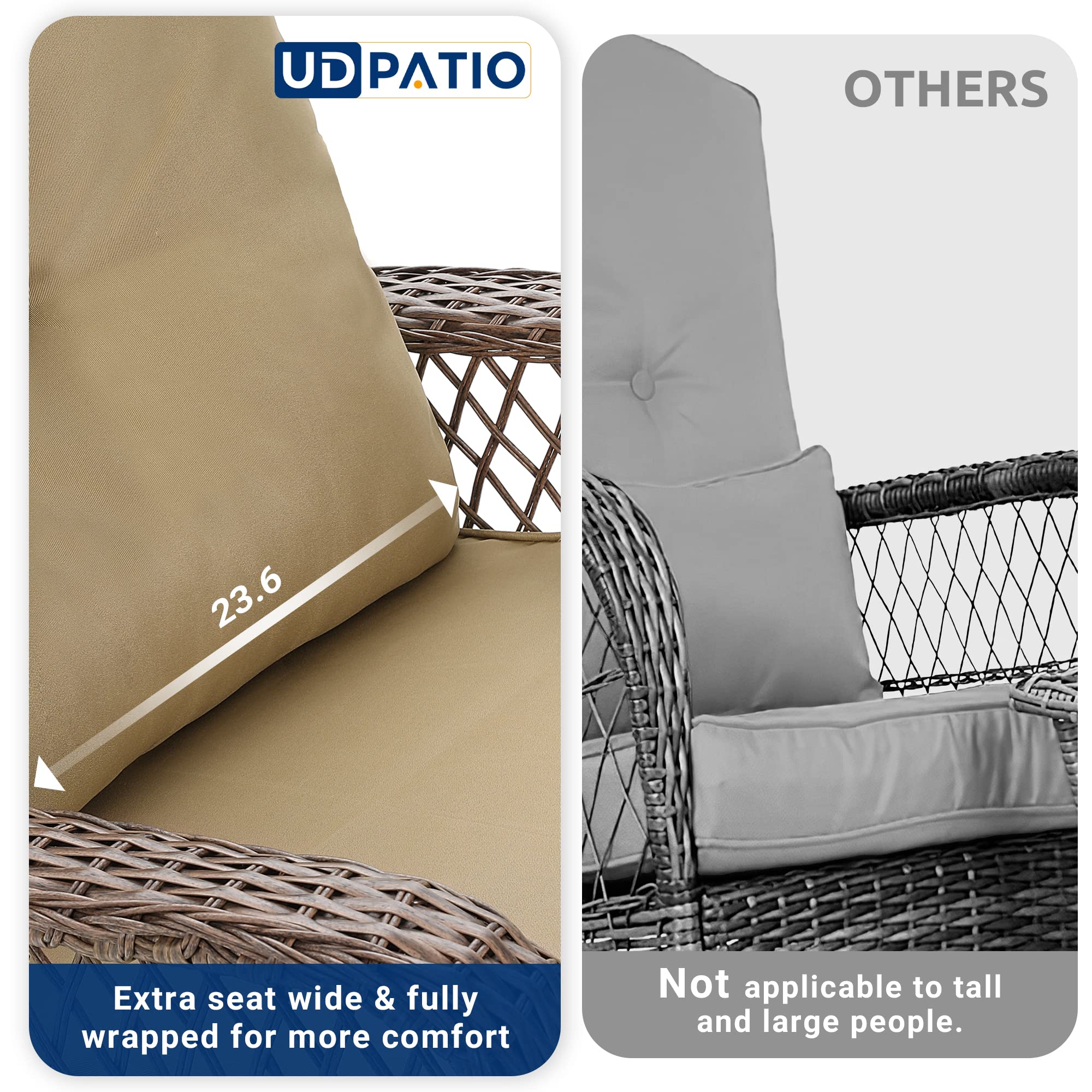 UDPATIO 3-Piece Wicker Patio Rocking Chair Set with Thick Cushions - 2 Outdoor Rockers & Side Table - Brown/Khaki - Perfect for Backyard, Porch, Balcony, Poolside Relaxation & Entertaining
