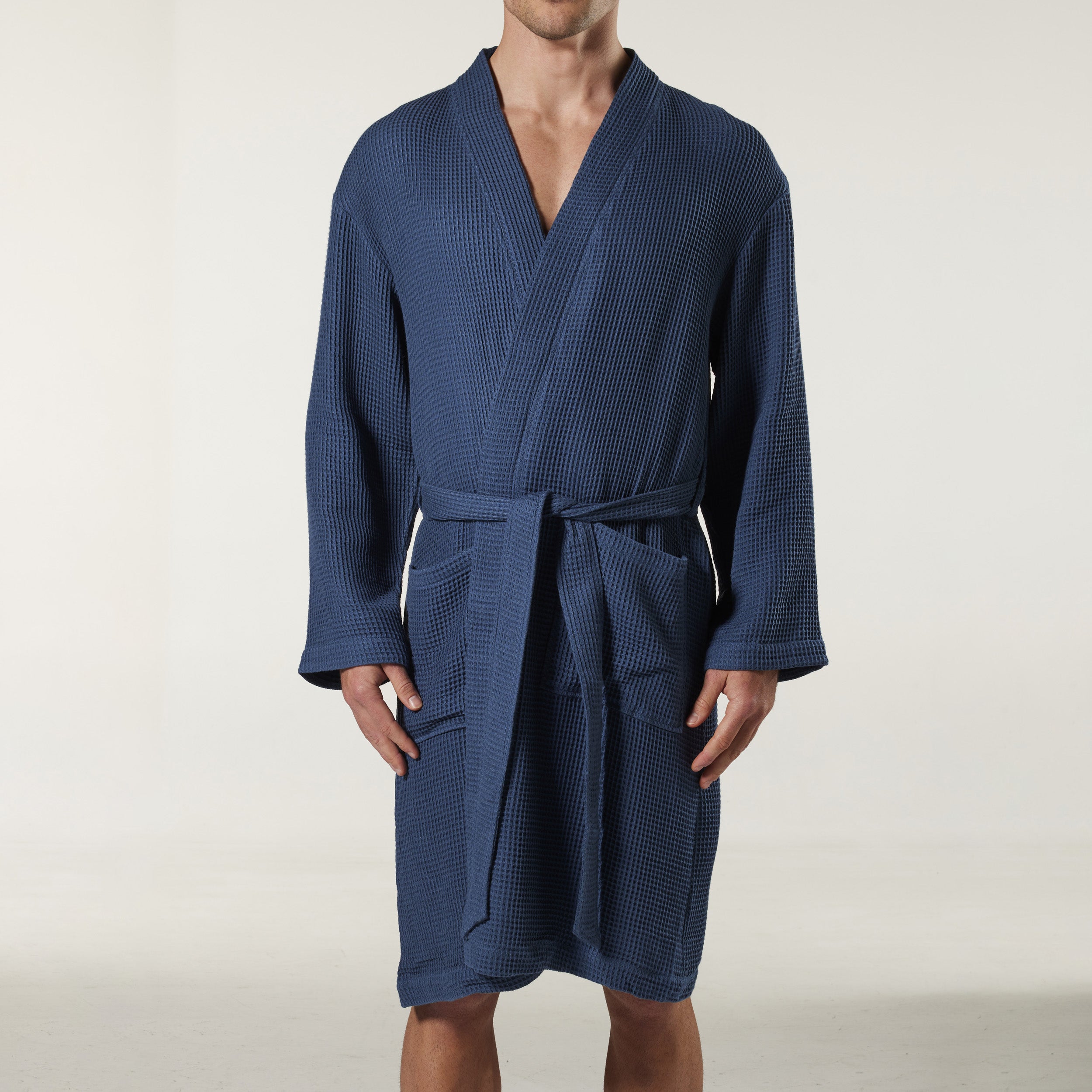 Men's Waffle Texture Bamboo Woven Robe - Soft & Breathable Denim Lounge Wear for Home Relaxation & Spa Days