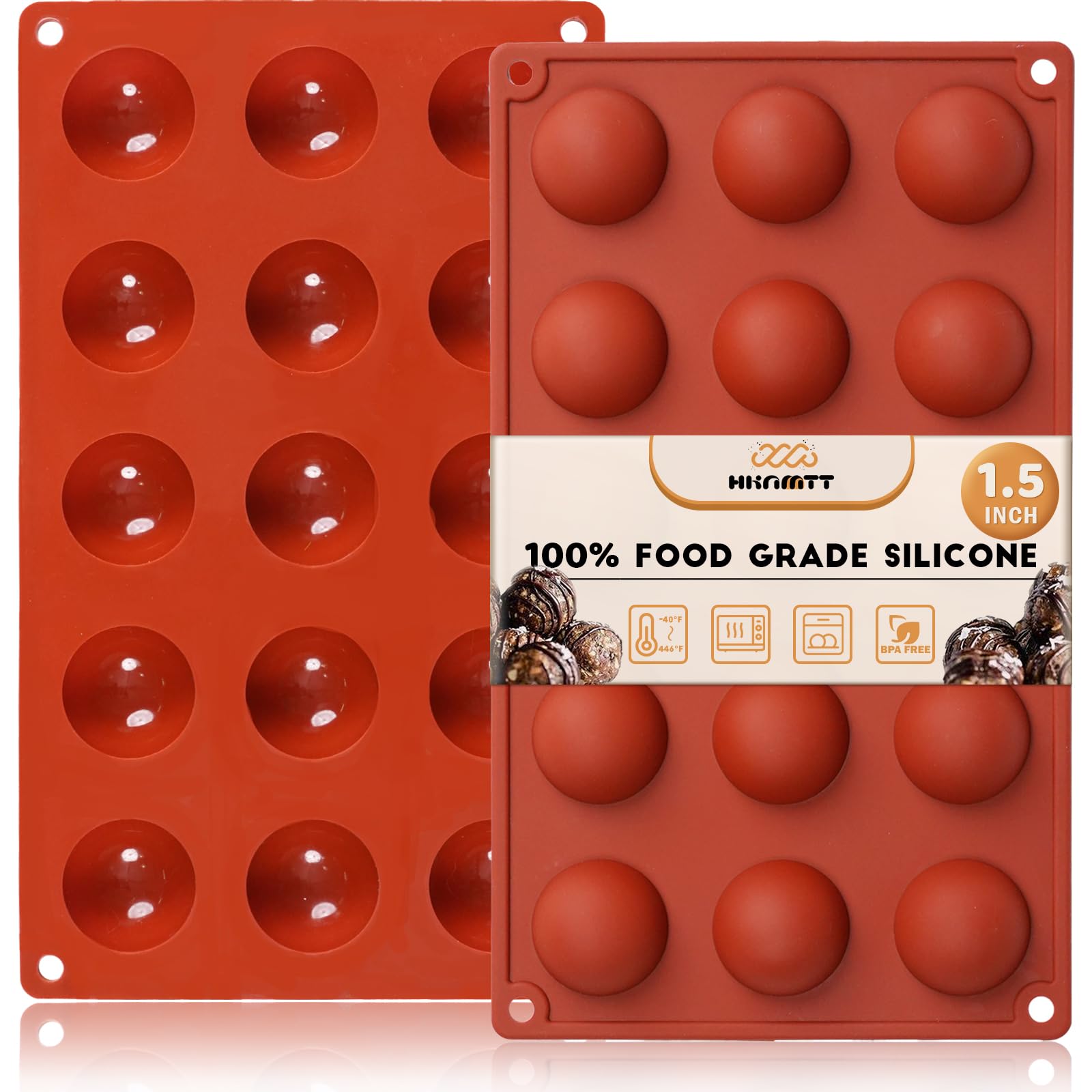 HKNMTT 15 Cavity Silicone Semi-Sphere Molds 2-Pack (1.5 Inch) - Food Grade BPA Free Chocolate Truffle, Jelly, Fat Bomb & Candy Molds for Baking - Perfect for Homemade Desserts, Party Treats & Freezer Snacks