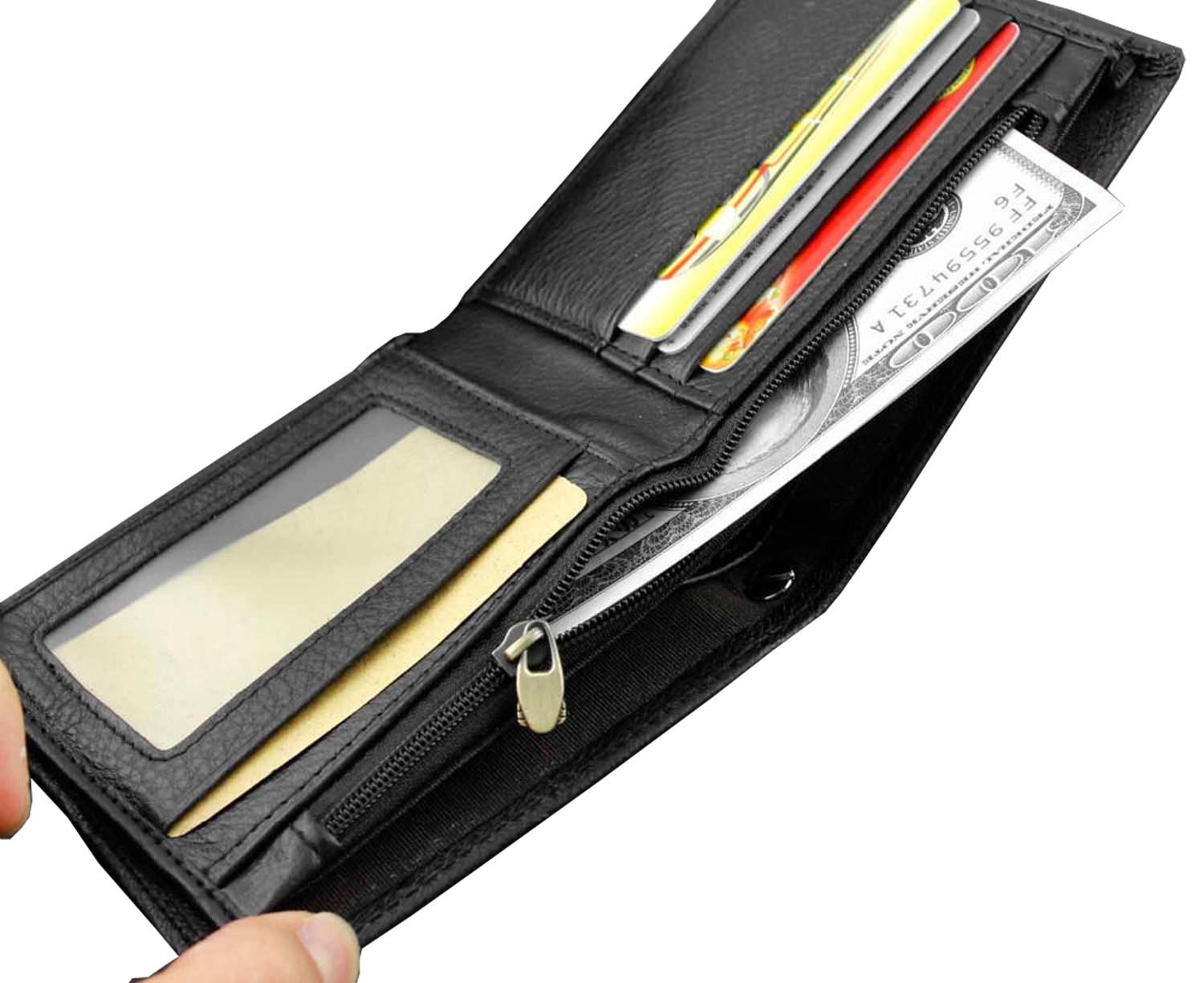 Genuine Black Leather Wallet for Men with Security Chain - RFID Protection, Slim Bifold Design for Everyday Use & Travel