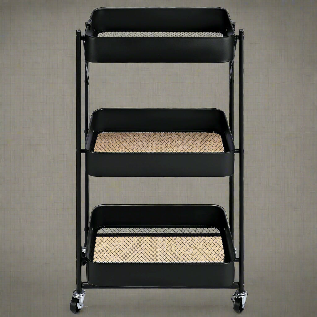 3-Tier Rolling Kitchen Storage Rack - Foldable Black Metal Shelf Organizer for Pantry, Spice & Utensil Organization | Space-Saving Kitchen Cart with Wheels for Small Apartments