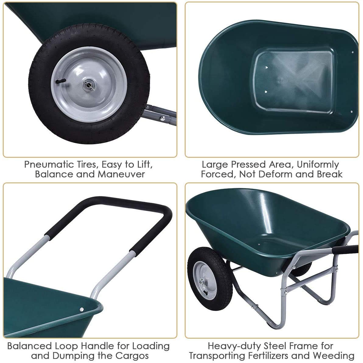 Happygrill Dual-Wheel Heavy Duty Yard Cart - 330 lbs Capacity Garden Wheelbarrow for Gardening, Landscaping, Farm & Construction | Durable Utility Cart for Soil, Mulch, Rocks & Debris | Perfect for Home, Lawn & Jobsite Use