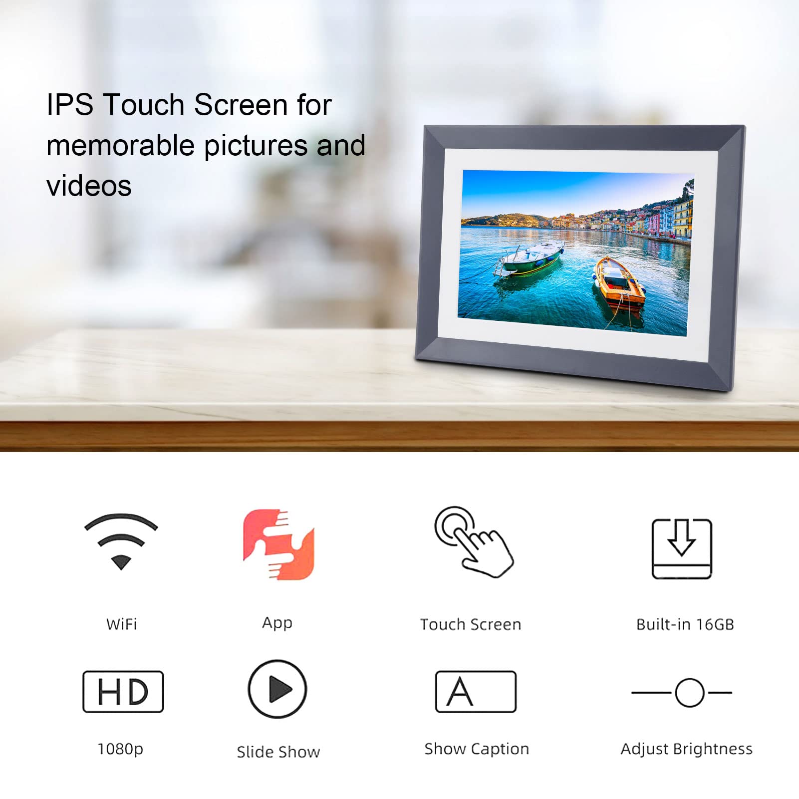 10 Inch Digital Picture Frame with 16GB Memory - Touch Screen Electronic Photo Frame, HD Display for Desktop - Perfect for Living Room, Bedroom, Office & Gifts (Natudeco)