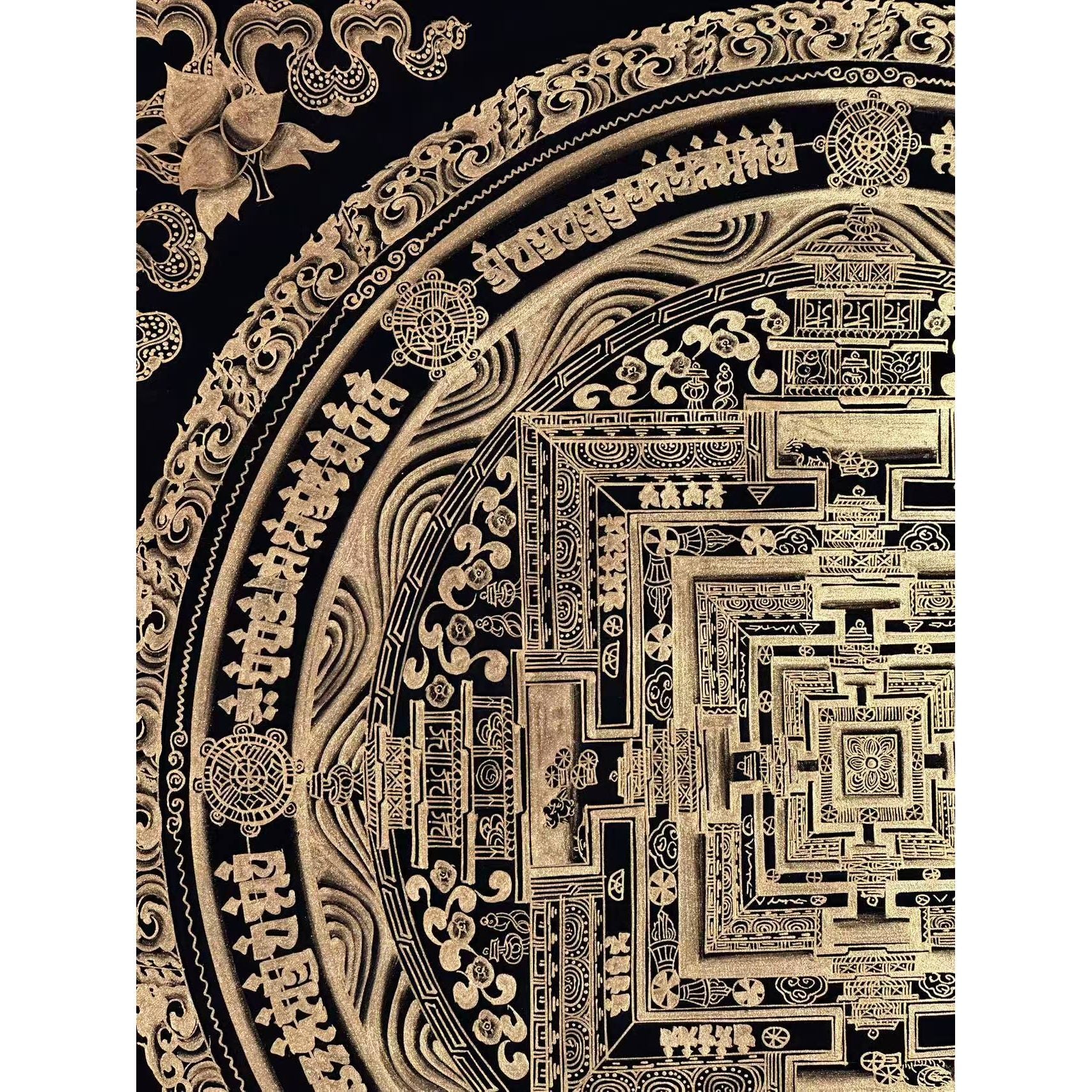 Authentic Kalachakra Mandala Black & Gold Thangka Painting - Tibetan Buddhist Wall Art for Meditation & Home Decor