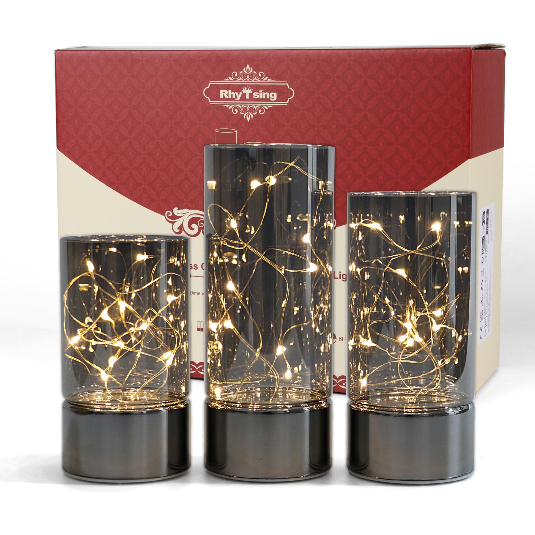 Rhytsing Set of 3 Glass Cylinder Lanterns with Fairy Lights - Decorative Flameless Candle Table Lamp with Timer Function - Perfect for Home Decor, Wedding Centerpieces, and Outdoor Patio Lighting