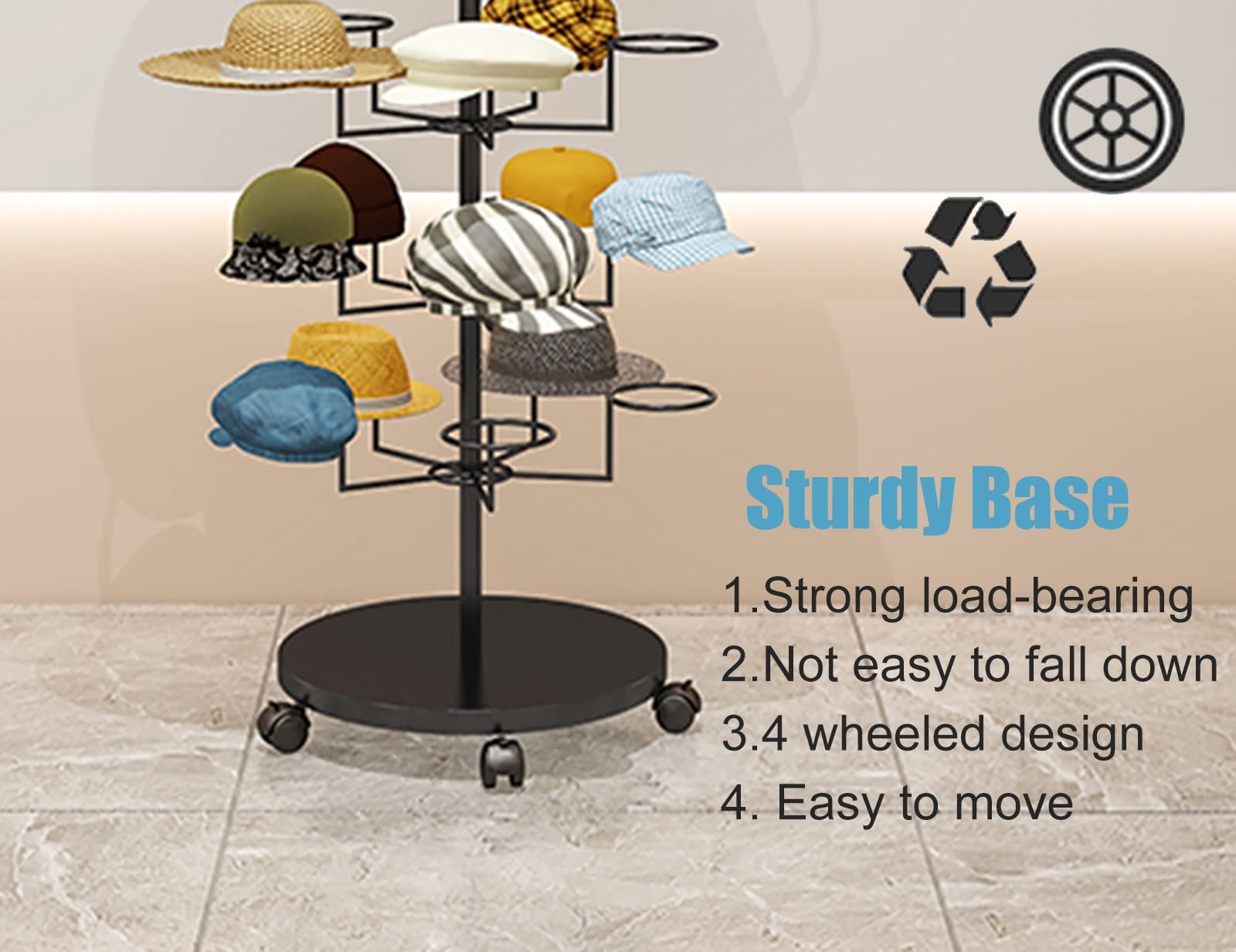 5-Tier Heavy Duty Metal Hat Display Stand for Cowboy Hats & Wig Storage - Large Capacity Rolling Hat Rack for Home or Store Use - Modern White Hat Tree Shelf (Perfect for Retail Displays, Hat Collections & Closet Organization)