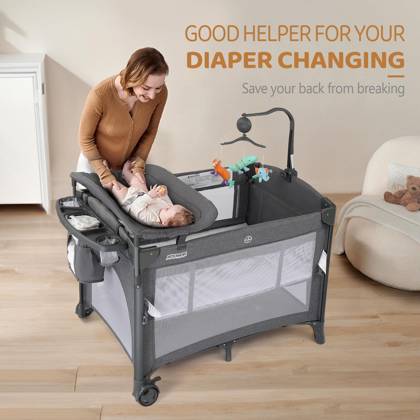 JOYMOR 5-in-1 Baby Bassinet with Changing Table | Portable Crib with Mattress, Sheets & Toy | Wheels & Carry Bag for Nursery, Travel | Perfect for Newborns, Infants, Boys & Girls