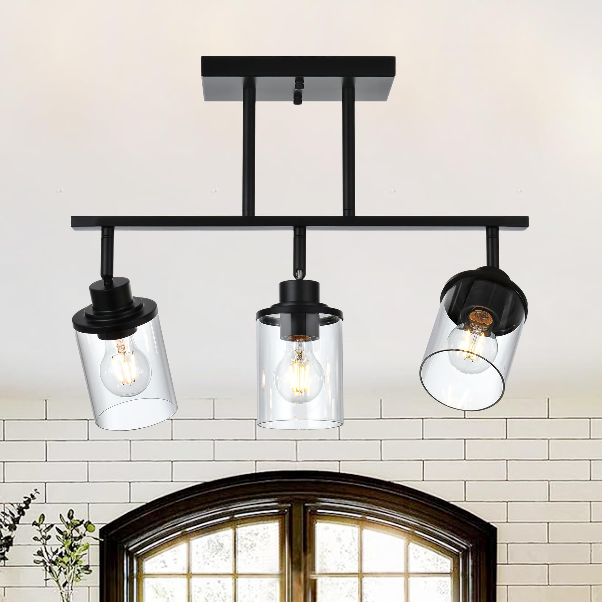3-Light Adjustable Track Lighting Fixture - Black Modern Ceiling Light with Clear Glass Shade for Kitchen, Office, Living Room & Bathroom Vanity | Dimmable LED Track Lighting System for Home & Commercial Spaces