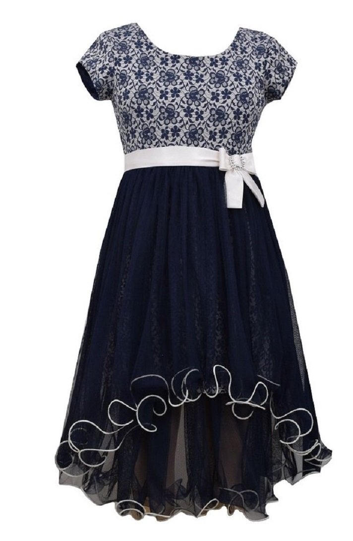 Big Girls Tween Navy Blue Lace Jacquard High-Low Mesh Fit Flare Dress - Perfect for Birthday Parties, School Dances & Special Occasions