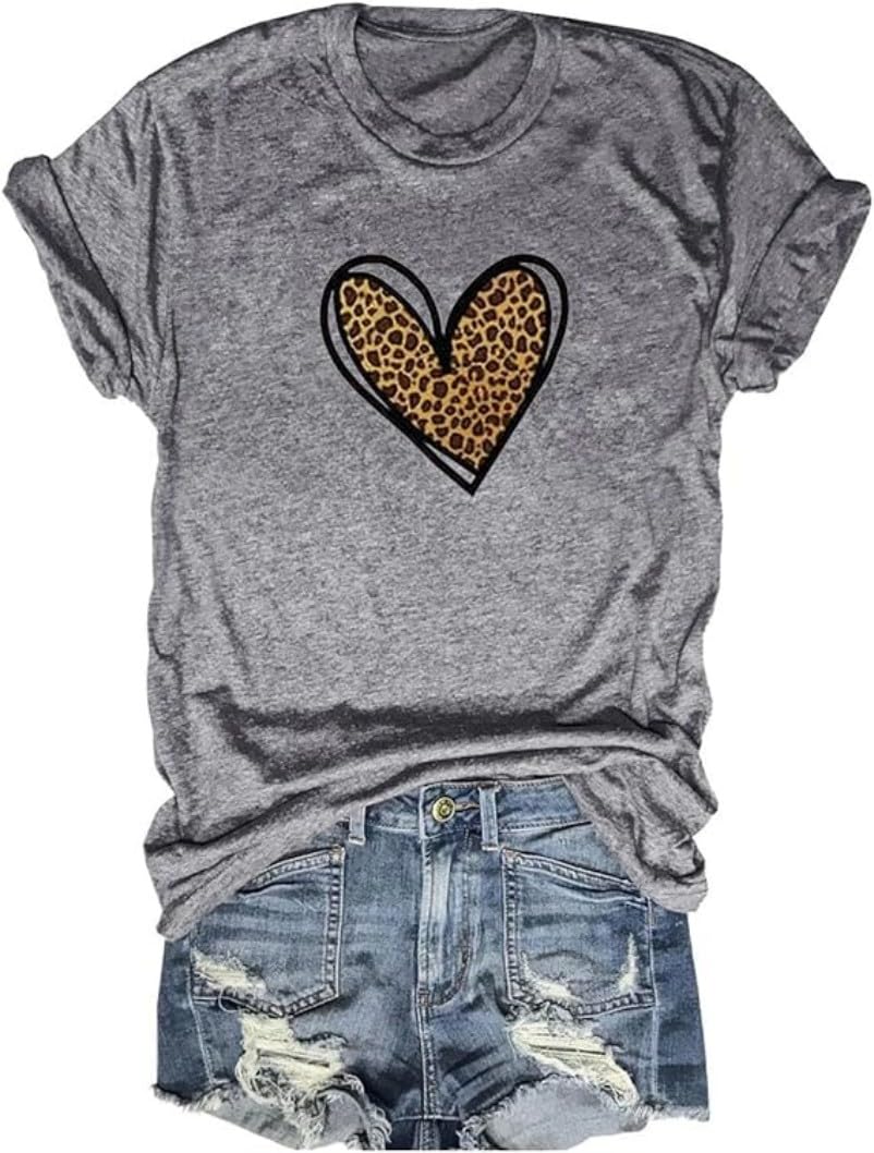 Valentine's Day Women's Heart Printed Short Sleeve Graphic Tee Shirt - Cute Casual Blouse Top for Wife, Girlfriend, Couples Gift & Date Night Outfit