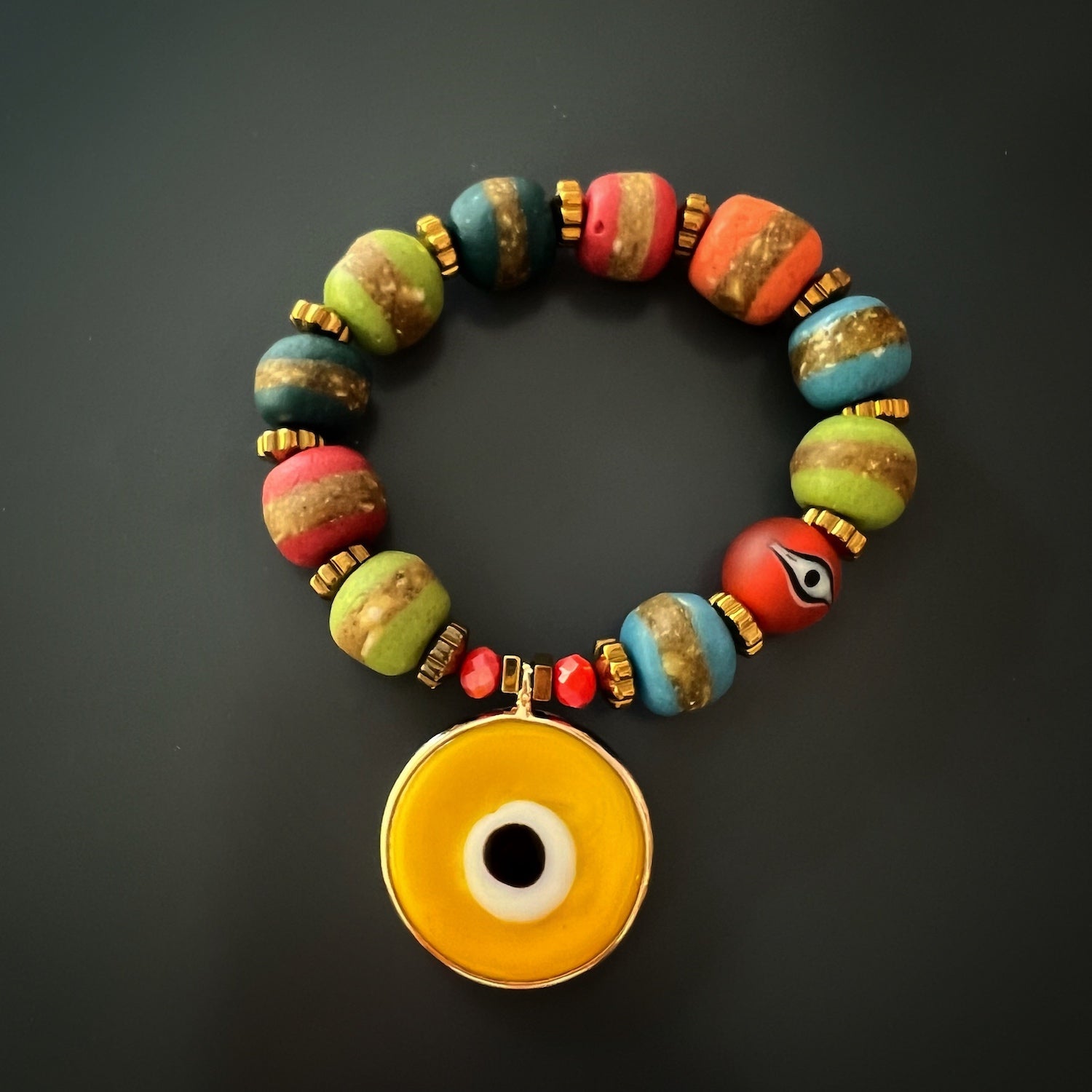 Evil Eye Beaded Bracelet for Women - Handmade Multicolor Yellow Beads from Nepal - Protection & Good Luck Charm for Everyday Wear