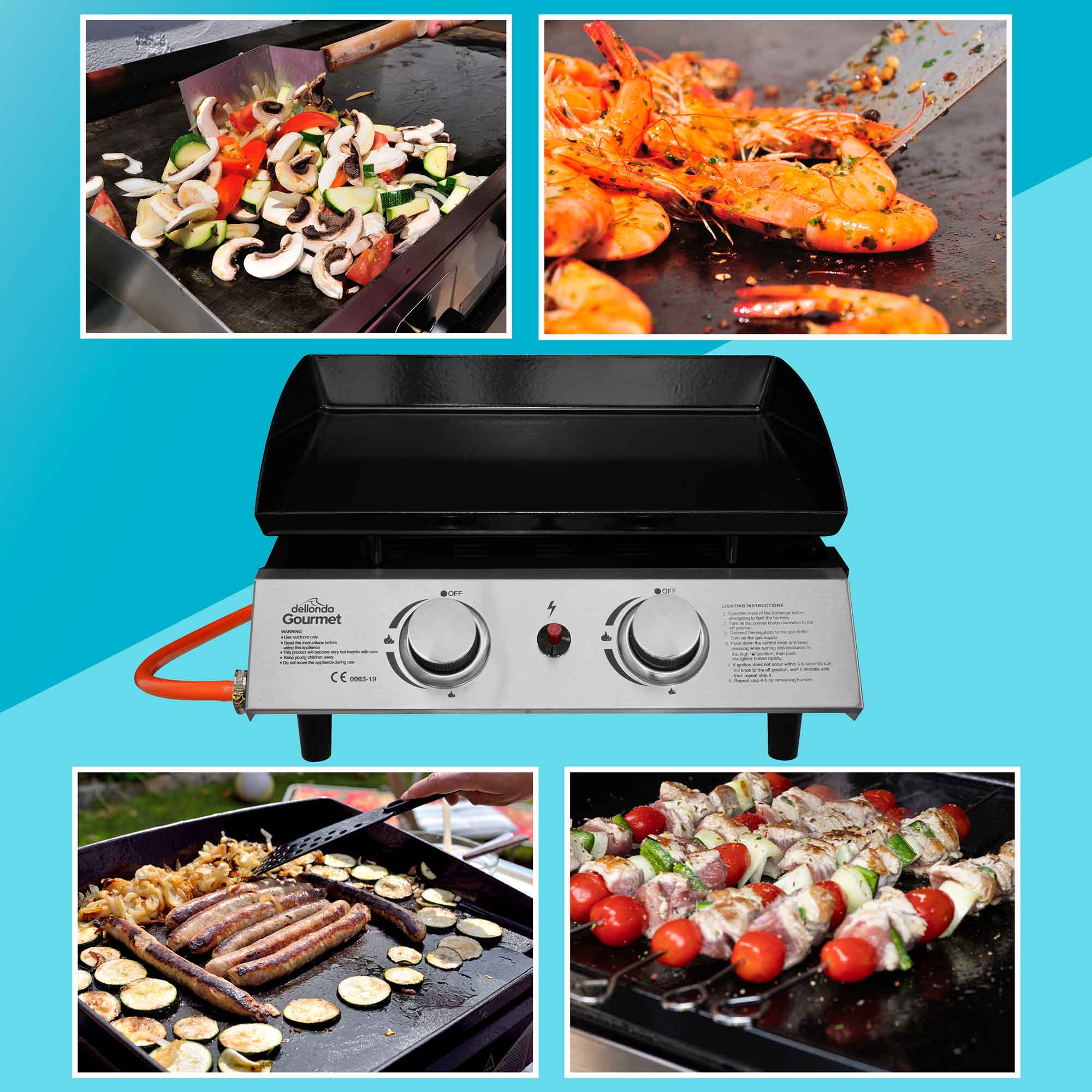 2 Burner Portable Gas Plancha 5kW BBQ Griddle - Stainless Steel Outdoor Cooking Grill for Camping, Backyard Parties & Tailgating - DG21 Model