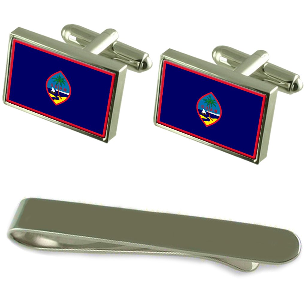 Premium Guam Flag Silver Cufflinks & Tie Clip Set - Elegant Gift Box for Men, Wedding, Business & Formal Occasions