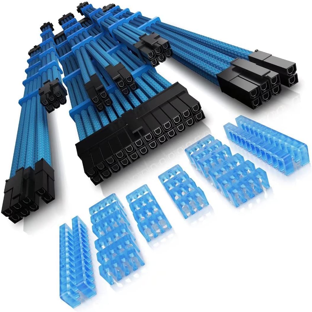 High-Quality Assorted Computer Sleeved Cables in Blue - Durable Braided USB & Power Cords for PC, Laptop & Gaming Setup - Perfect for Office, Home & Travel Use