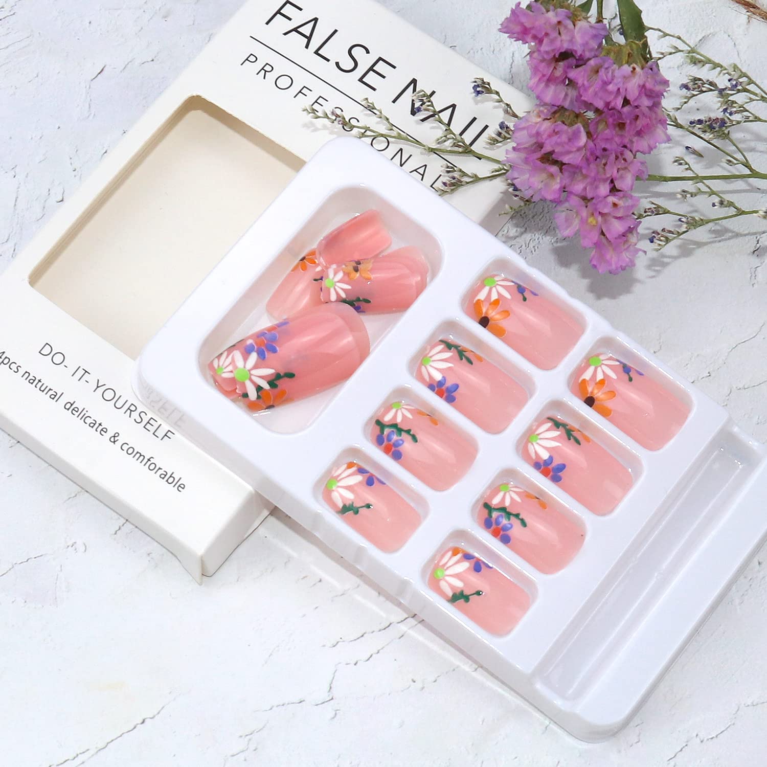 Floral Press-On Nails Medium Length - 24Pcs Square Glossy Fake Nails with French Flower Design | Acrylic Manicure Tips for Women | Perfect for Weddings, Parties & Everyday Glam