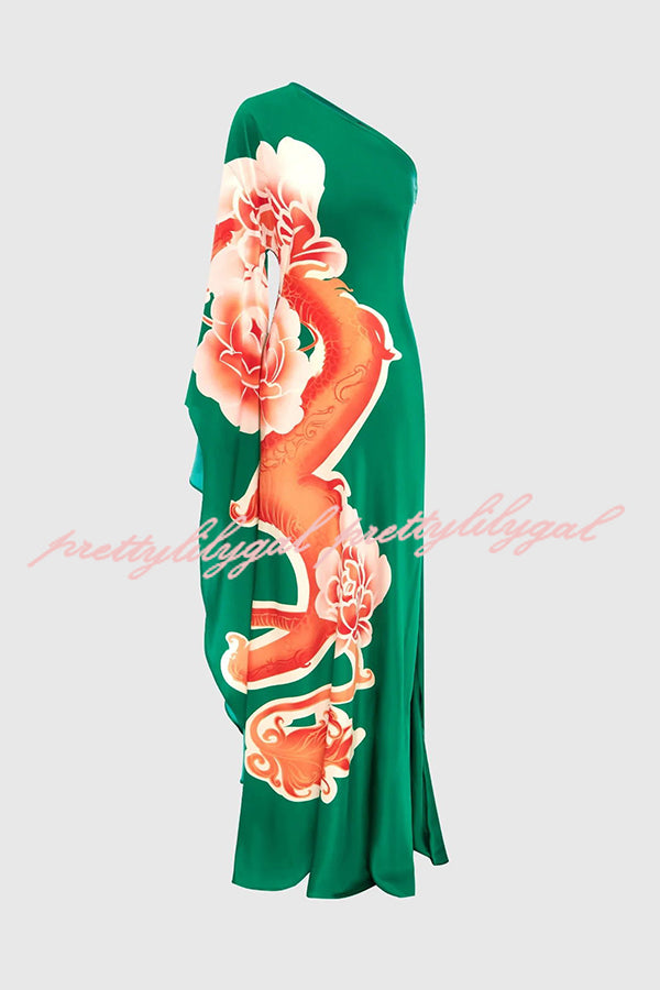 Elegant Satin Dragon Print One Shoulder Draped Sleeve Maxi Dress for Women | Formal Evening Gown, Prom, Wedding Guest Dress | Perfect for Parties, Date Nights & Special Occasions
